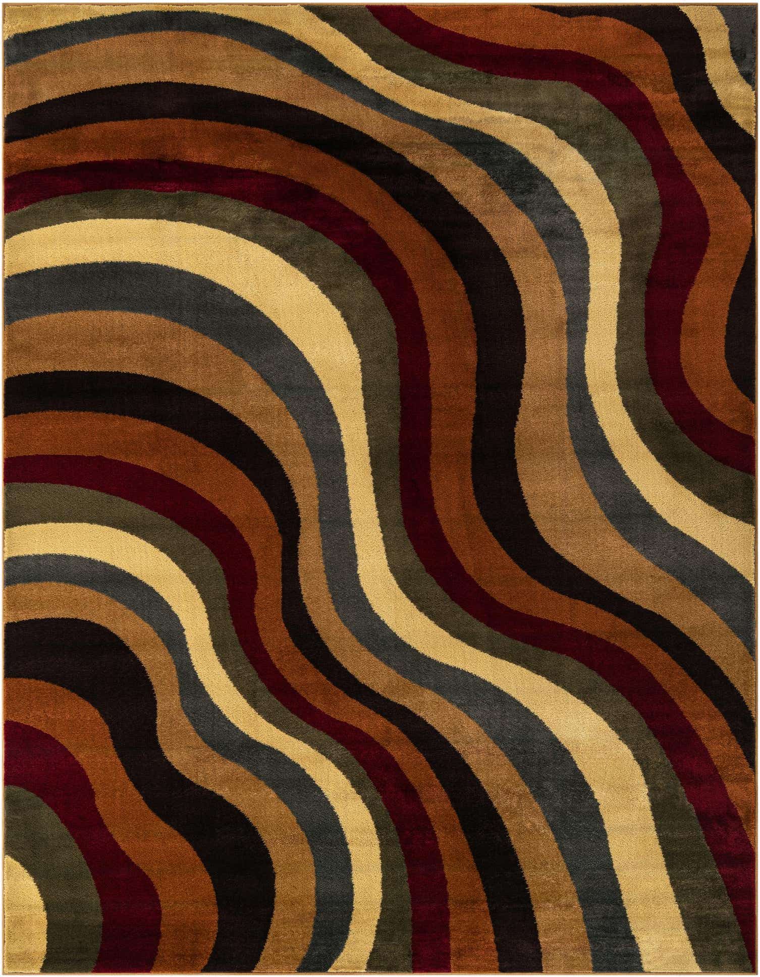 A 10x13 rectangular multi-colored rug with a modern wavy stripe pattern in shades of brown, gold, black, grey, and burgundy.