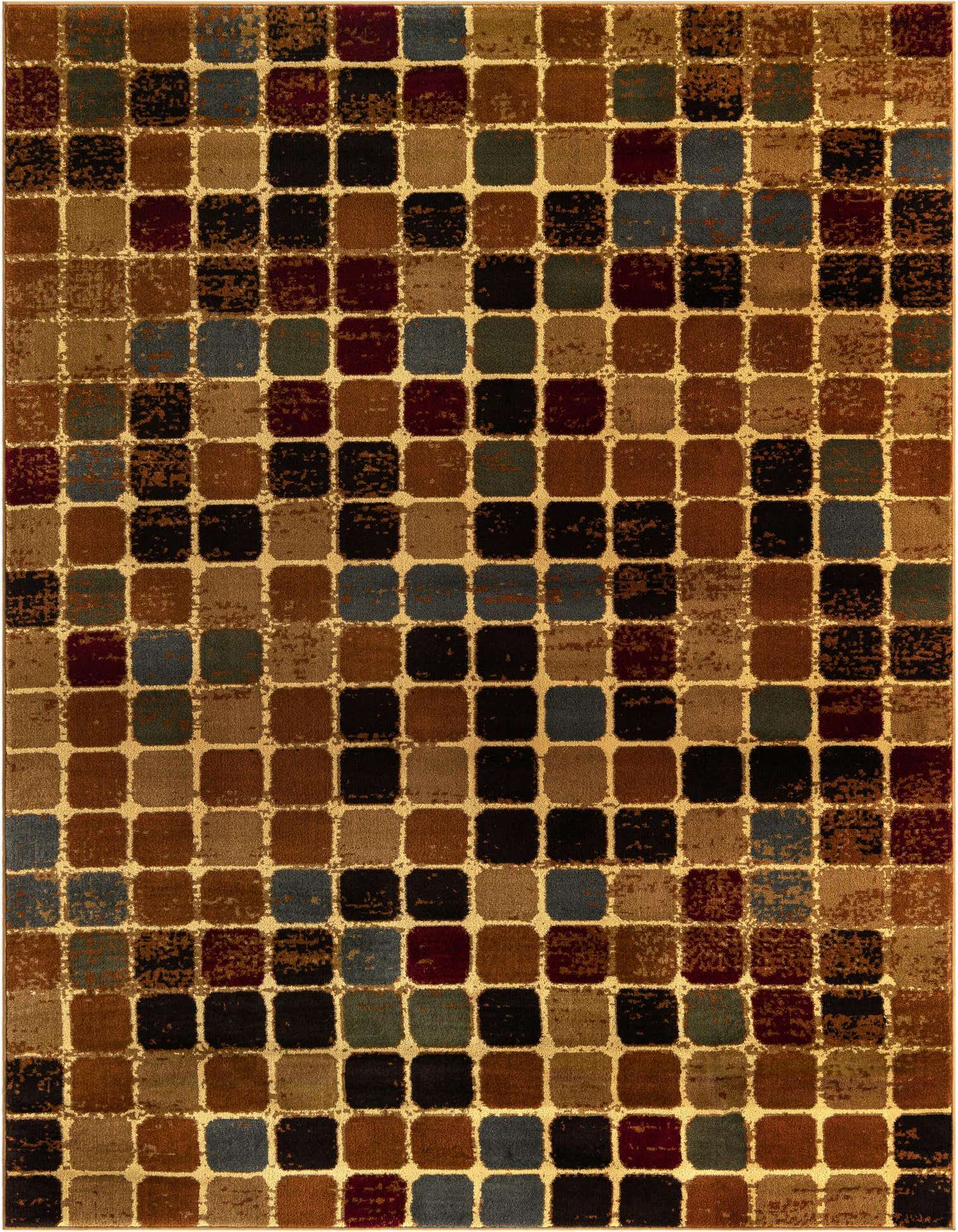A 10x13 multi-colored modern rectangular rug featuring a grid of squares in shades of brown, black, blue, and red, ideal for a living room.