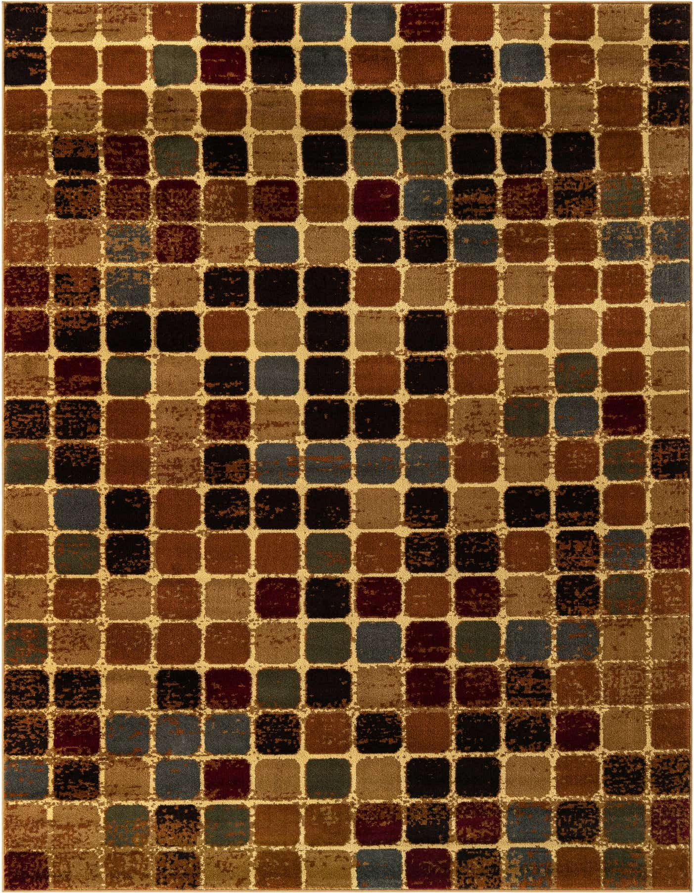A rectangular 8x11 multi-colored modern rug with a grid pattern of squares in various shades of brown, black, blue, and red on a light beige background.