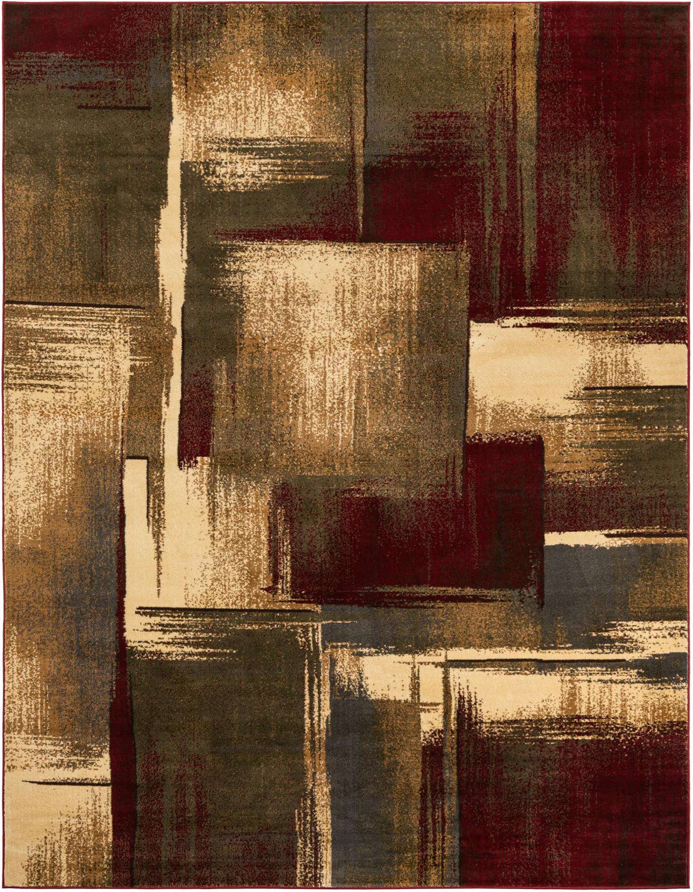 A rectangular 8x11 multi-colored rug with an abstract brushstroke pattern in shades of red, beige, brown, and gray.