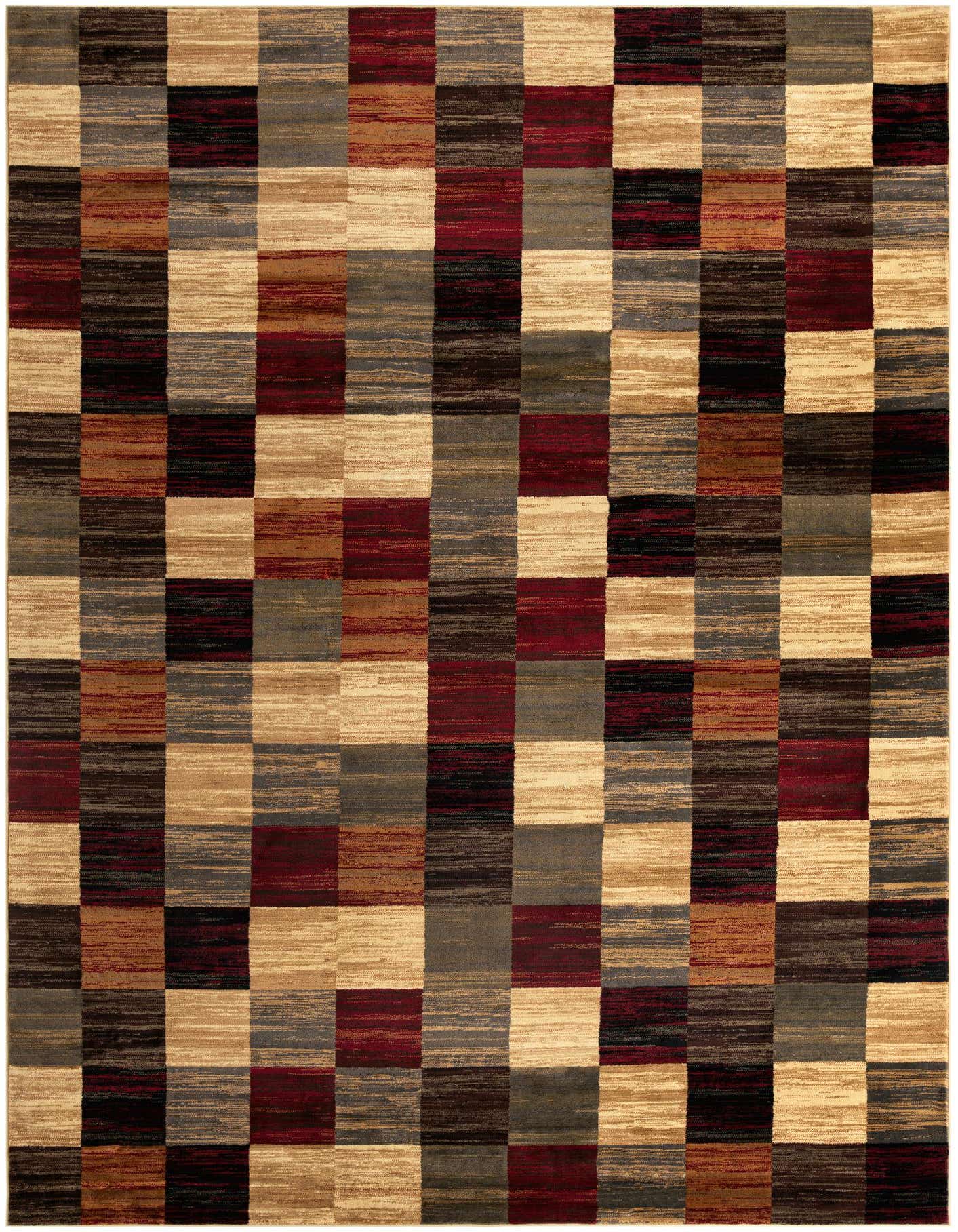 A 10x14 multi-colored rectangular area rug featuring a modern block pattern in shades of red, brown, black, beige, and gray.