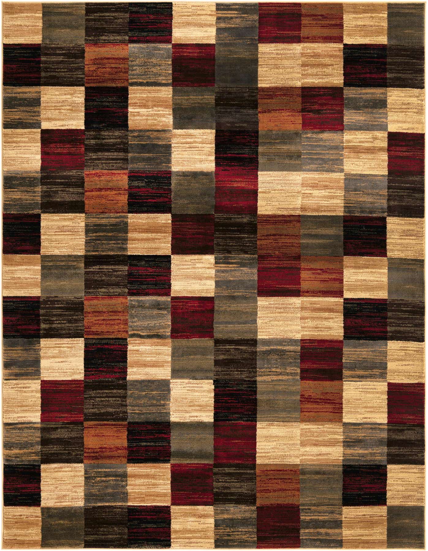 A rectangular 8x11 multi-colored area rug featuring a modern block pattern in shades of red, beige, brown, and grey.