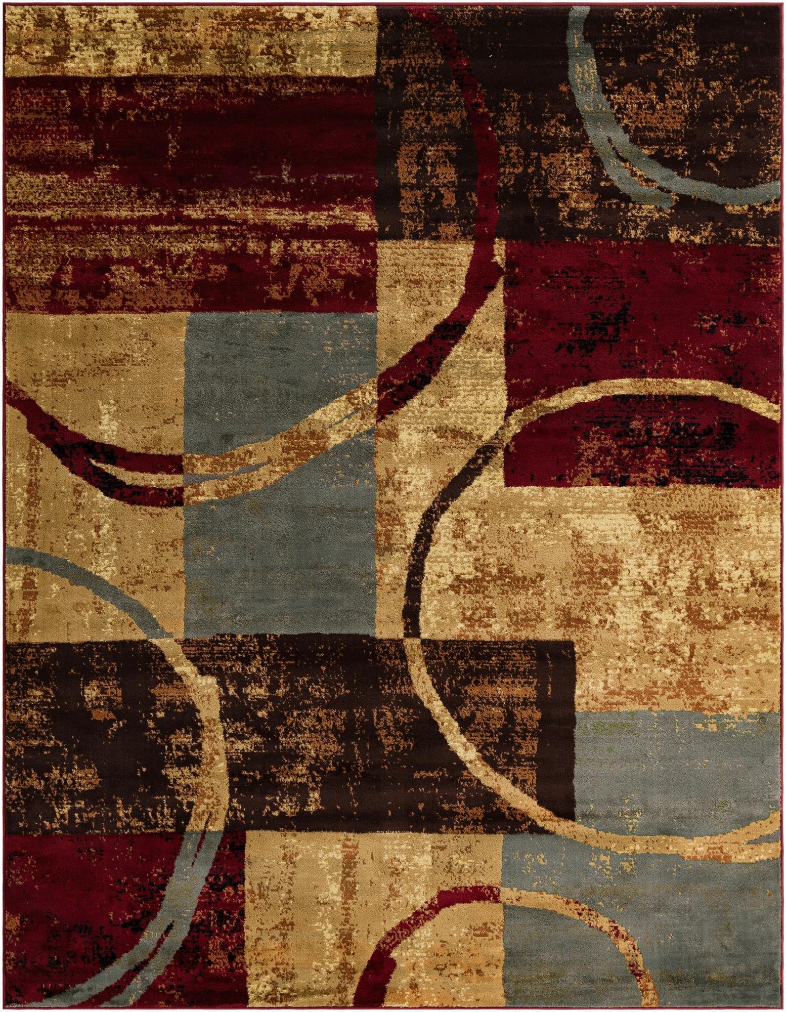 An 8x10 rectangular Cafe collection rug featuring an eclectic abstract pattern with multi-colored blocks of maroon, beige, brown, and blue, overlaid with distressed circular designs.