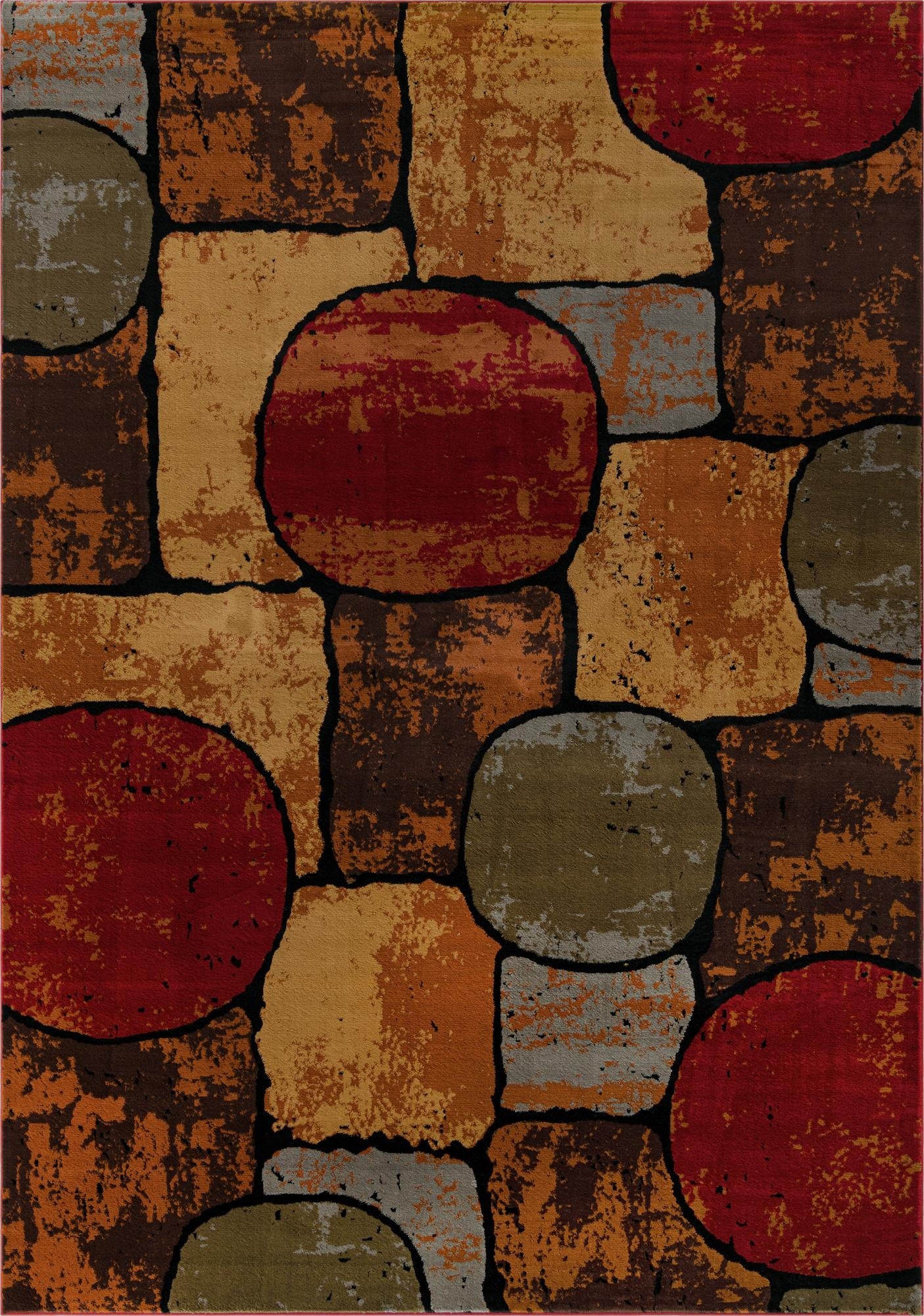 A rectangular 10x14 multi-colored modern abstract rug featuring large, irregular shapes and circles in shades of red, orange, brown, and grey, outlined in black.