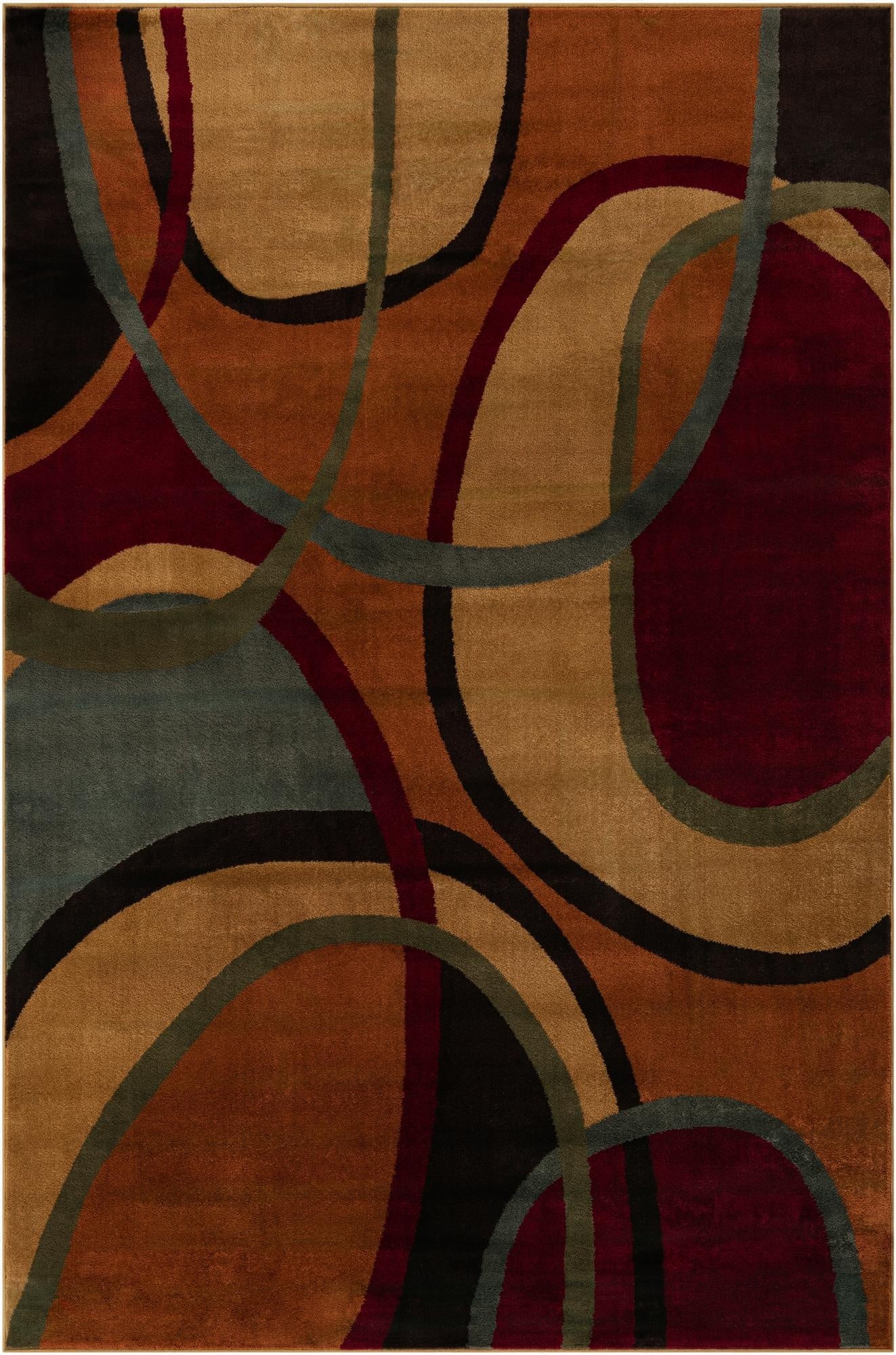 A 6x9 rectangular multi-colored modern abstract rug featuring bold curves and lines in shades of brown, gold, teal, and burgundy.
