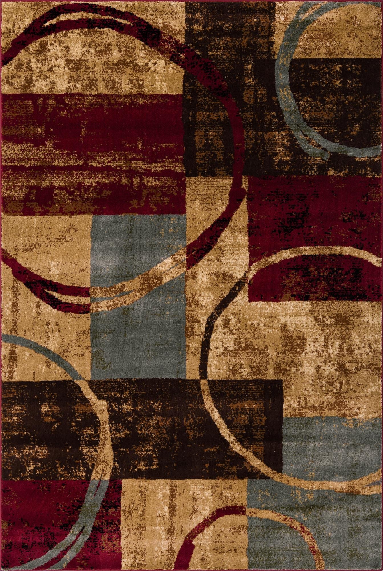 A 6x9 rectangular multi-colored rug with an abstract design featuring blocks of red, brown, tan, and blue-grey, overlaid with swirling circles.