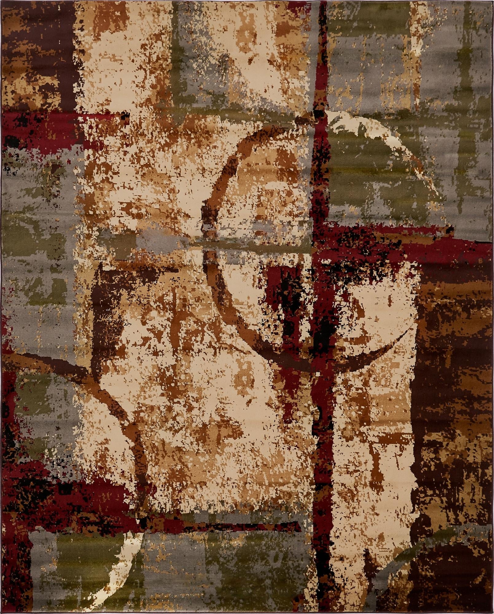 An 8x10 multi-colored rectangular rug featuring an abstract, eclectic pattern with shades of beige, brown, red, green, and grey.