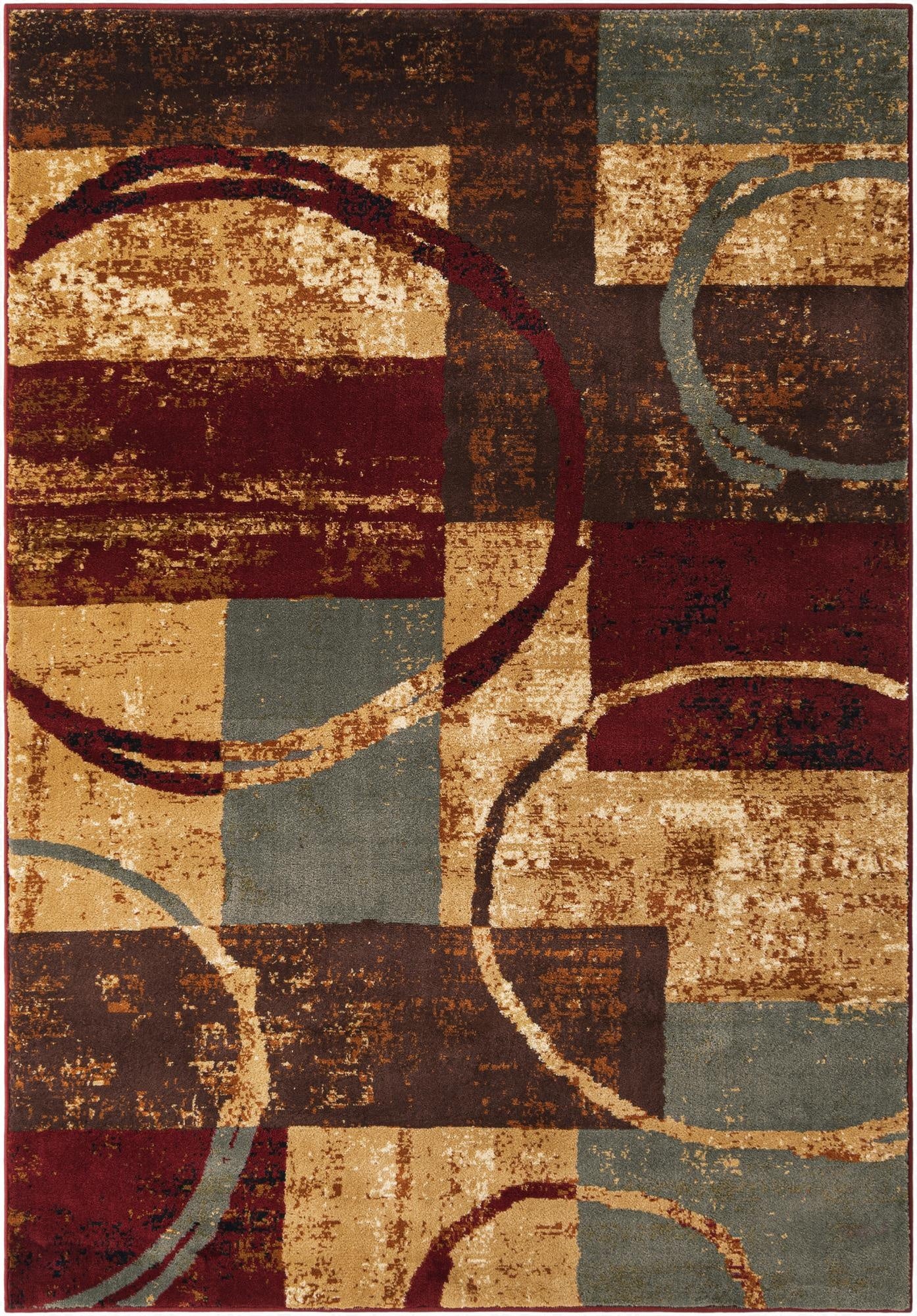 A 4x6 rectangular multi-colored rug featuring an abstract pattern of distressed blocks in shades of brown, beige, maroon, and teal, overlaid with intersecting circles.