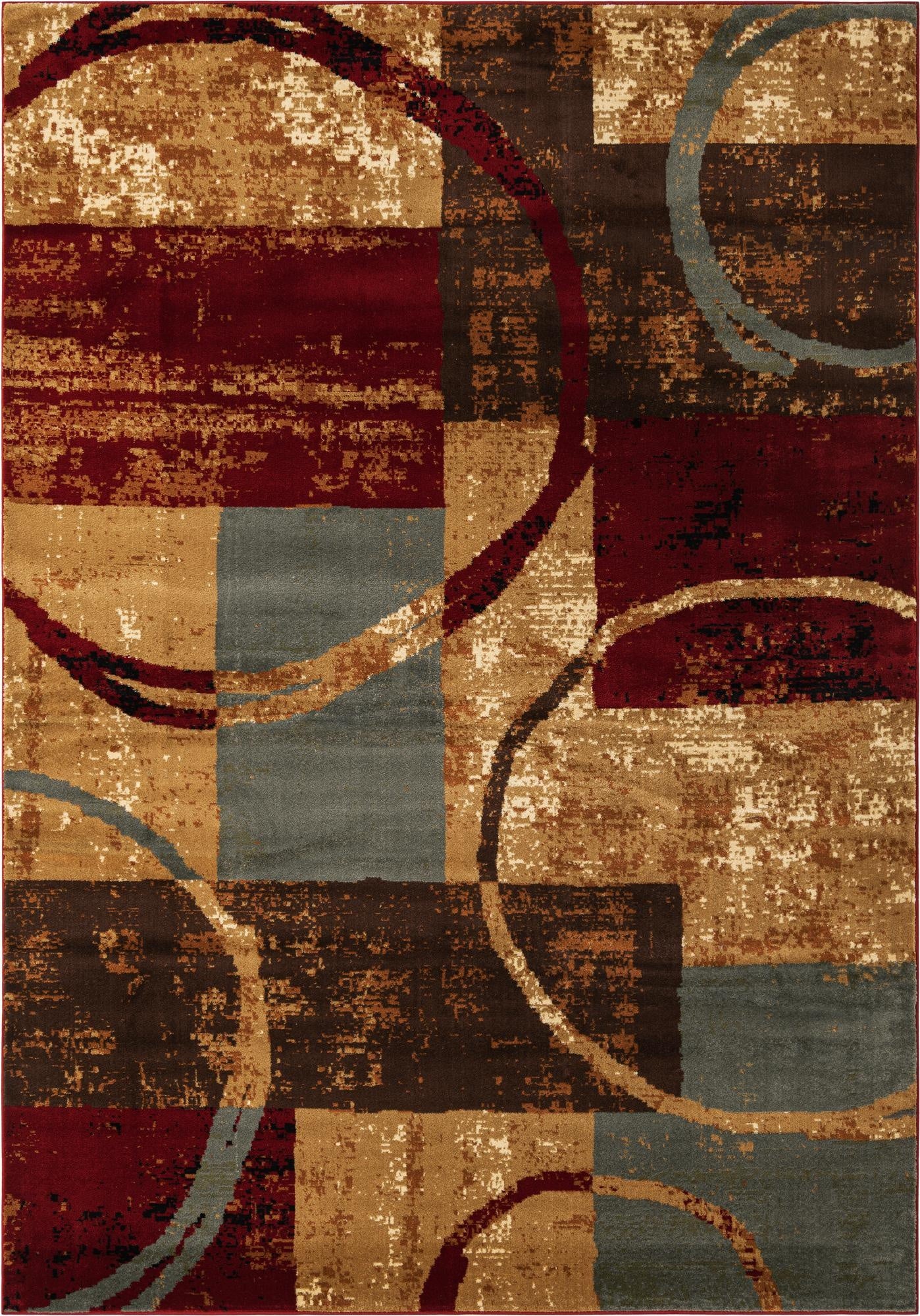 An 8x11 rectangular multi-colored rug with an abstract pattern of blocks in red, brown, tan, and blue-gray, overlaid with large, sweeping circular lines.