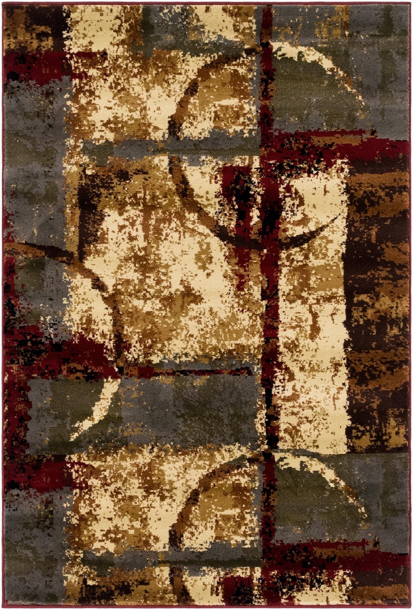 A 4x6 rectangular multi-colored rug with an abstract, eclectic pattern in shades of beige, brown, grey, and deep red.