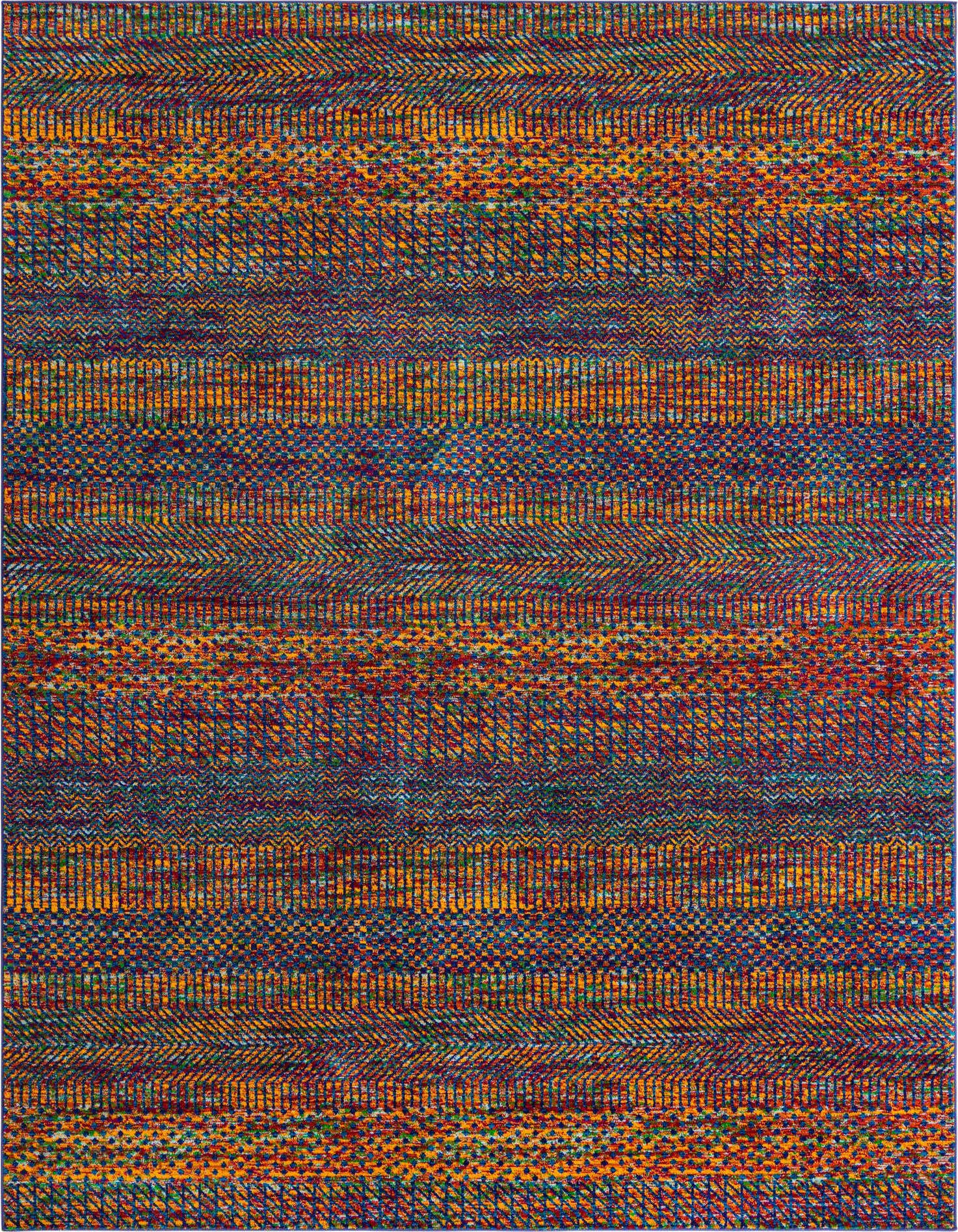 A 9x12 multi-colored rectangular rug featuring an eclectic, modern abstract pattern with horizontal stripes of varying textures and hues, ideal for a living room.