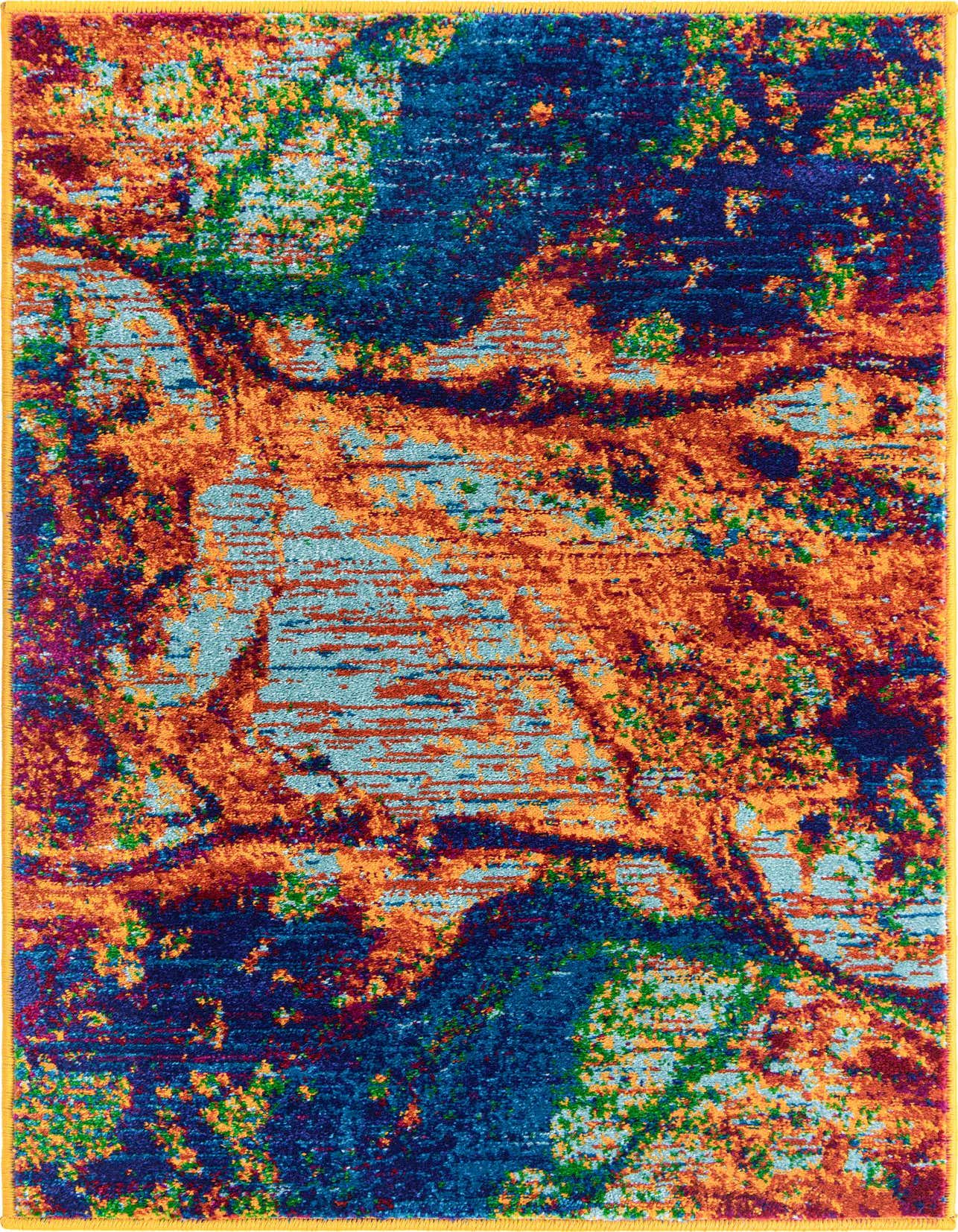 A vibrant 2x3 rectangular rug featuring an abstract, multi-colored botanical pattern in shades of blue, orange, green, and red, with a thin pile.