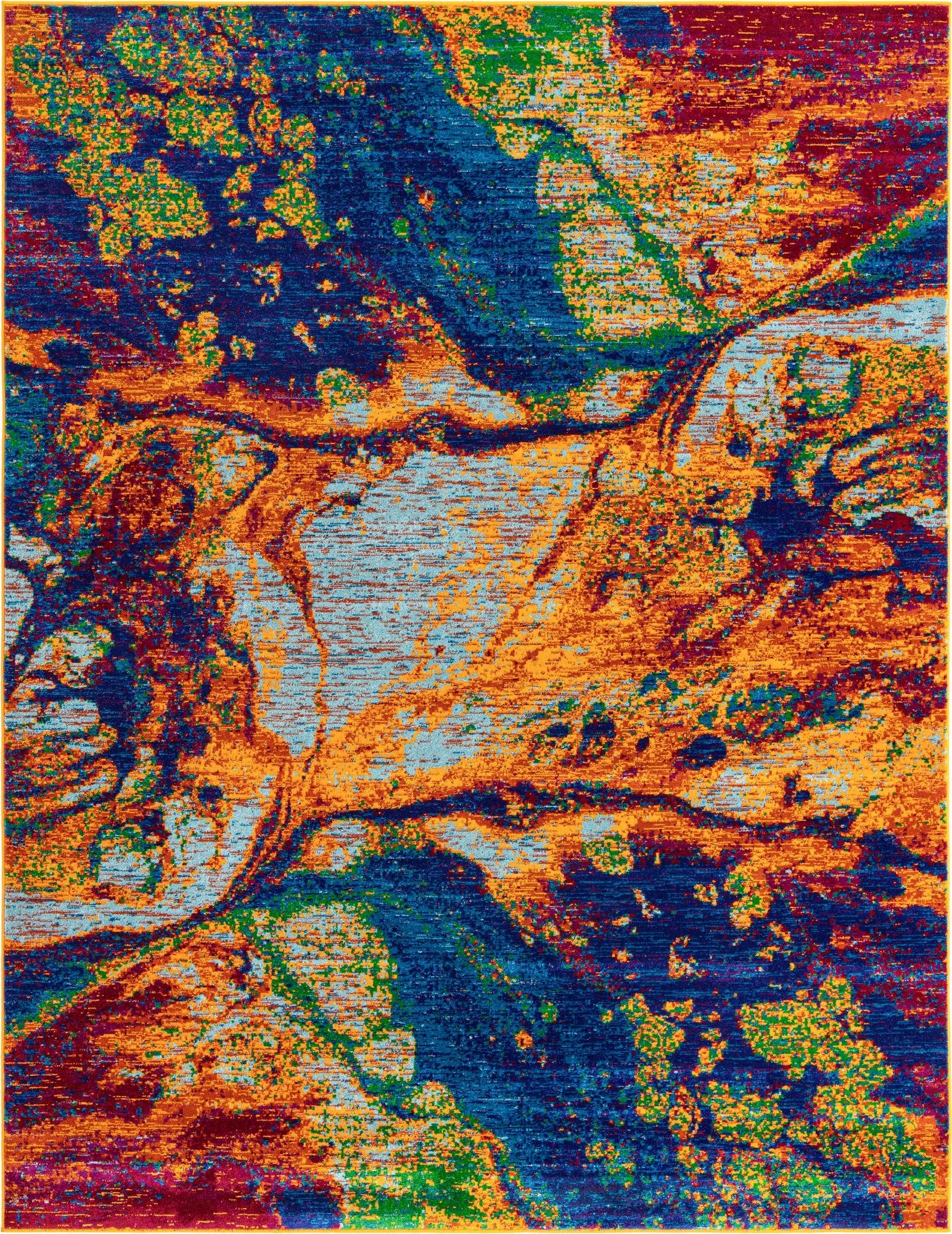 8x10 rectangular Calypso rug featuring an abstract, multi-colored botanical pattern in blues, oranges, greens, and reds.