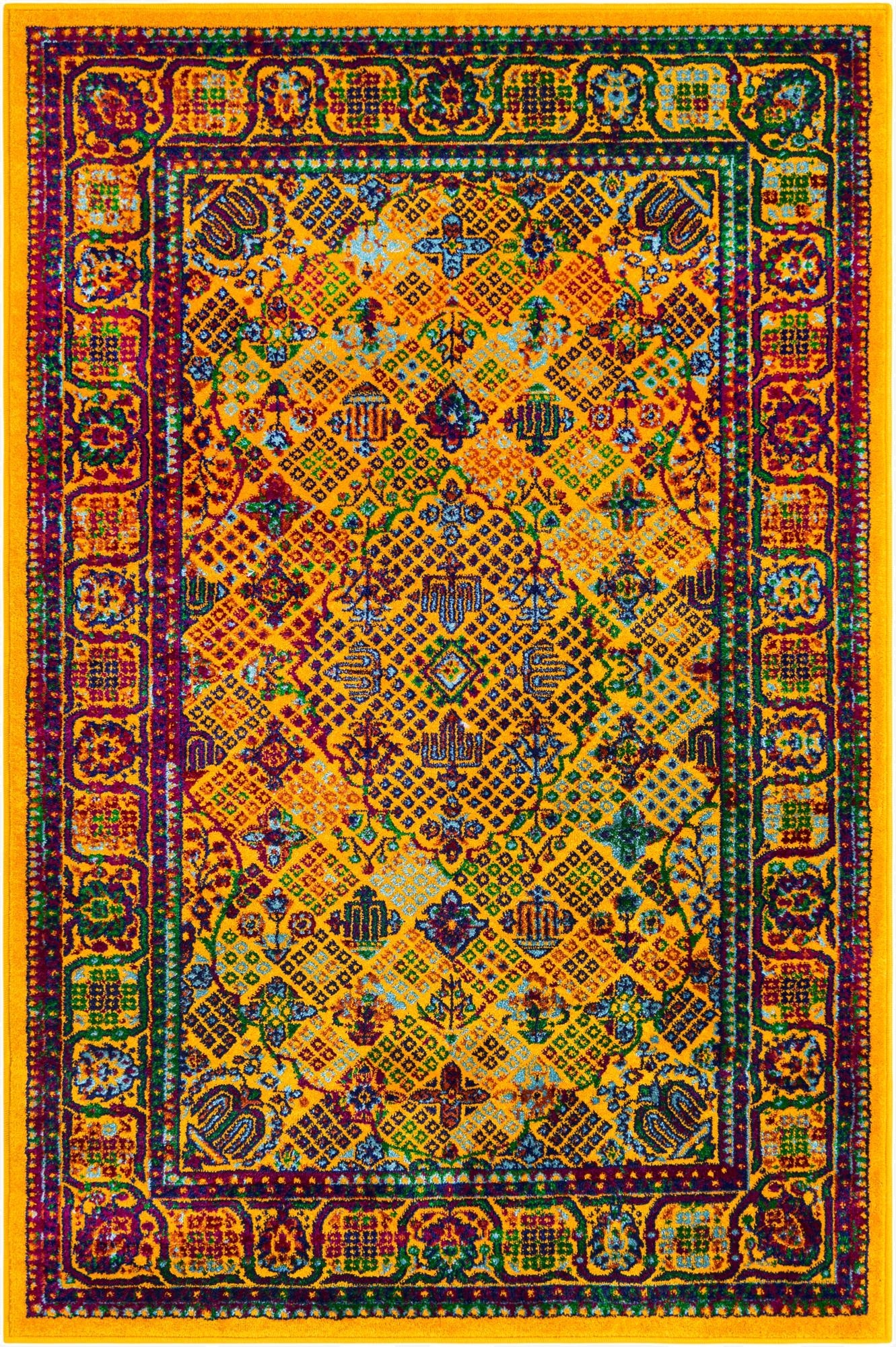 A vibrant 4x6 rectangular Calypso rug with a multi-colored modern medallion pattern on a yellow background, ideal for a living room.