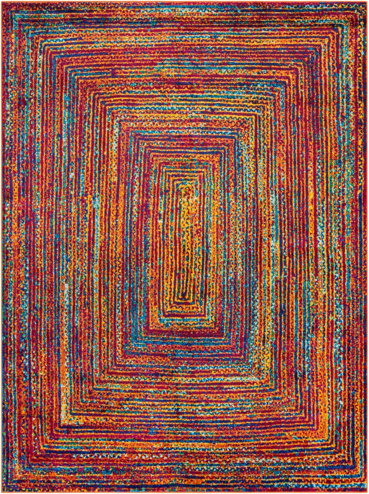 A 9x12 multi-colored rectangular rug with a modern abstract pattern of concentric rectangles in red, orange, yellow, and blue.