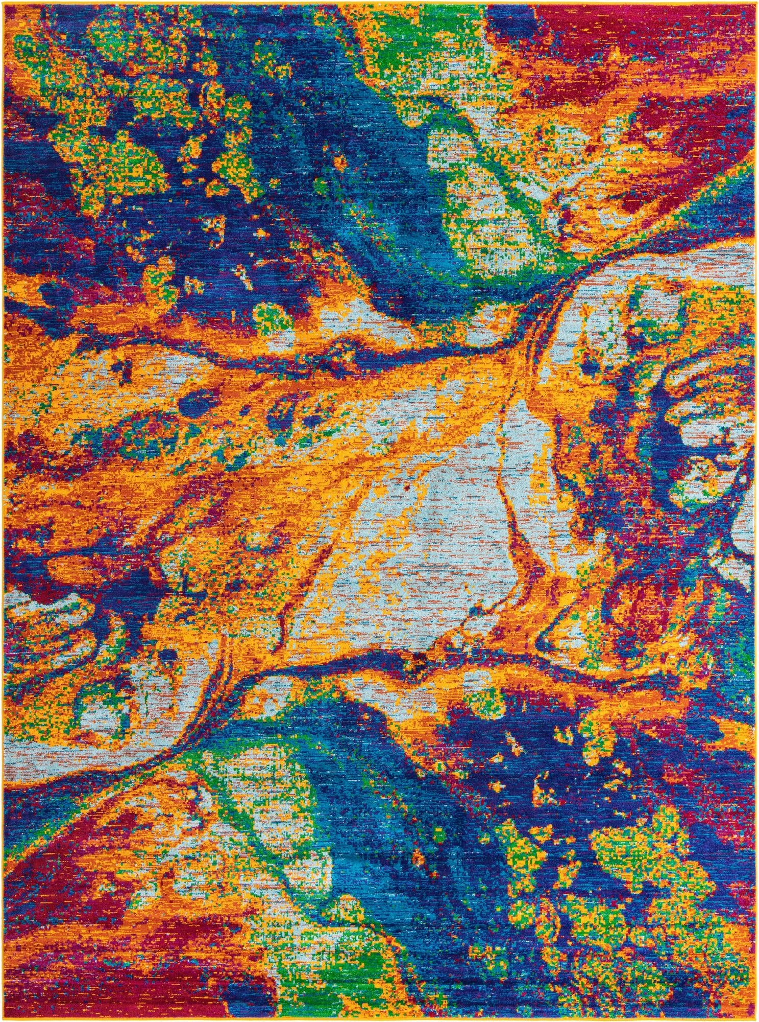 A vibrant 9x12 multi-colored abstract rug with swirling patterns of orange, blue, red, and green, suitable for a living room.