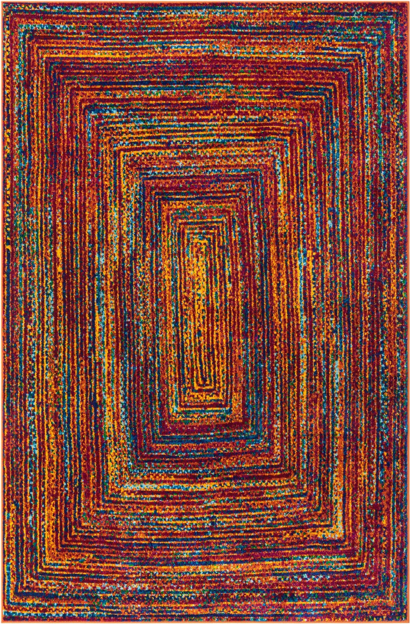 A 5x8 rectangular multi-colored rug with a modern abstract pattern of concentric rectangles in red, orange, yellow, and blue hues.