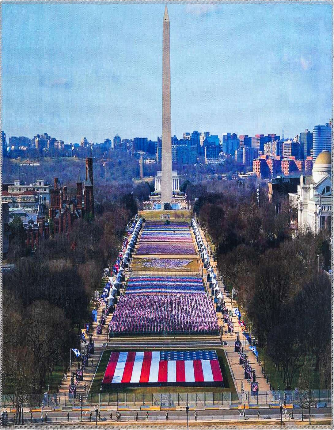 A rectangular 4x6 multi-colored rug featuring a modern, abstract pattern of the Washington Monument and flags on the National Mall, perfect for a living room or office.