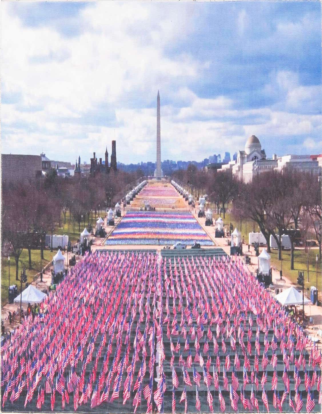 A vibrant 5x8 rectangular rug featuring a modern, multi-colored pattern resembling a field of American flags on the National Mall, with the Washington Monument in the background. Ideal for a living room or office.