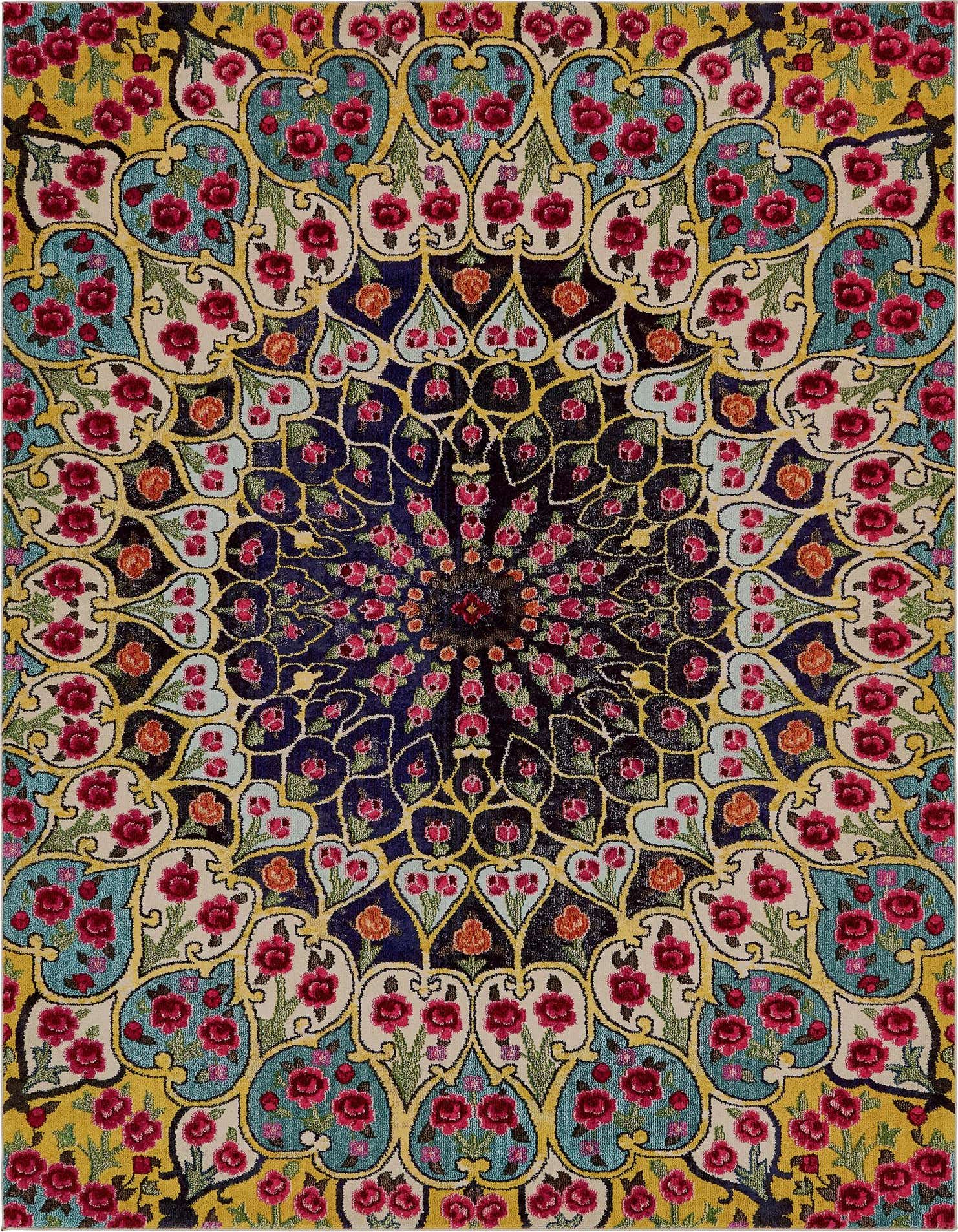 A vibrant 9x12 rectangular multi-colored rug with a central medallion and intricate floral patterns in red, pink, blue, yellow, and cream.