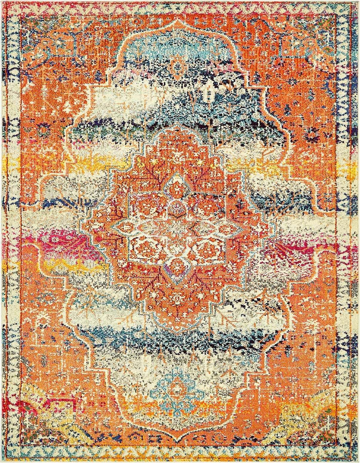 A 5x8 rectangular multi-colored Bohemian rug with an orange medallion pattern and distressed accents of blue, pink, and yellow.