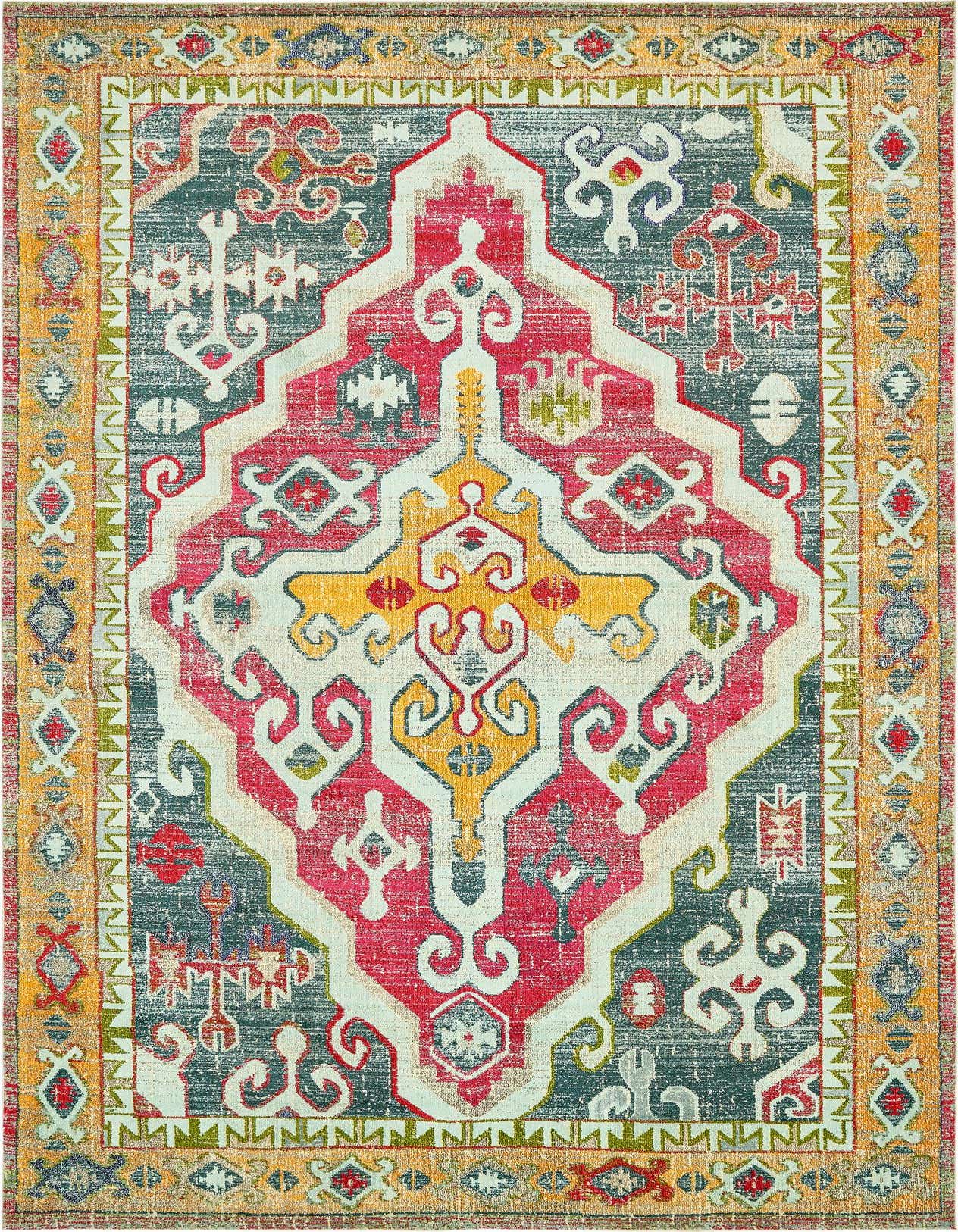 A vibrant multi-colored rectangular area rug featuring a distressed bohemian medallion pattern in red, yellow, and teal with an ornate border.