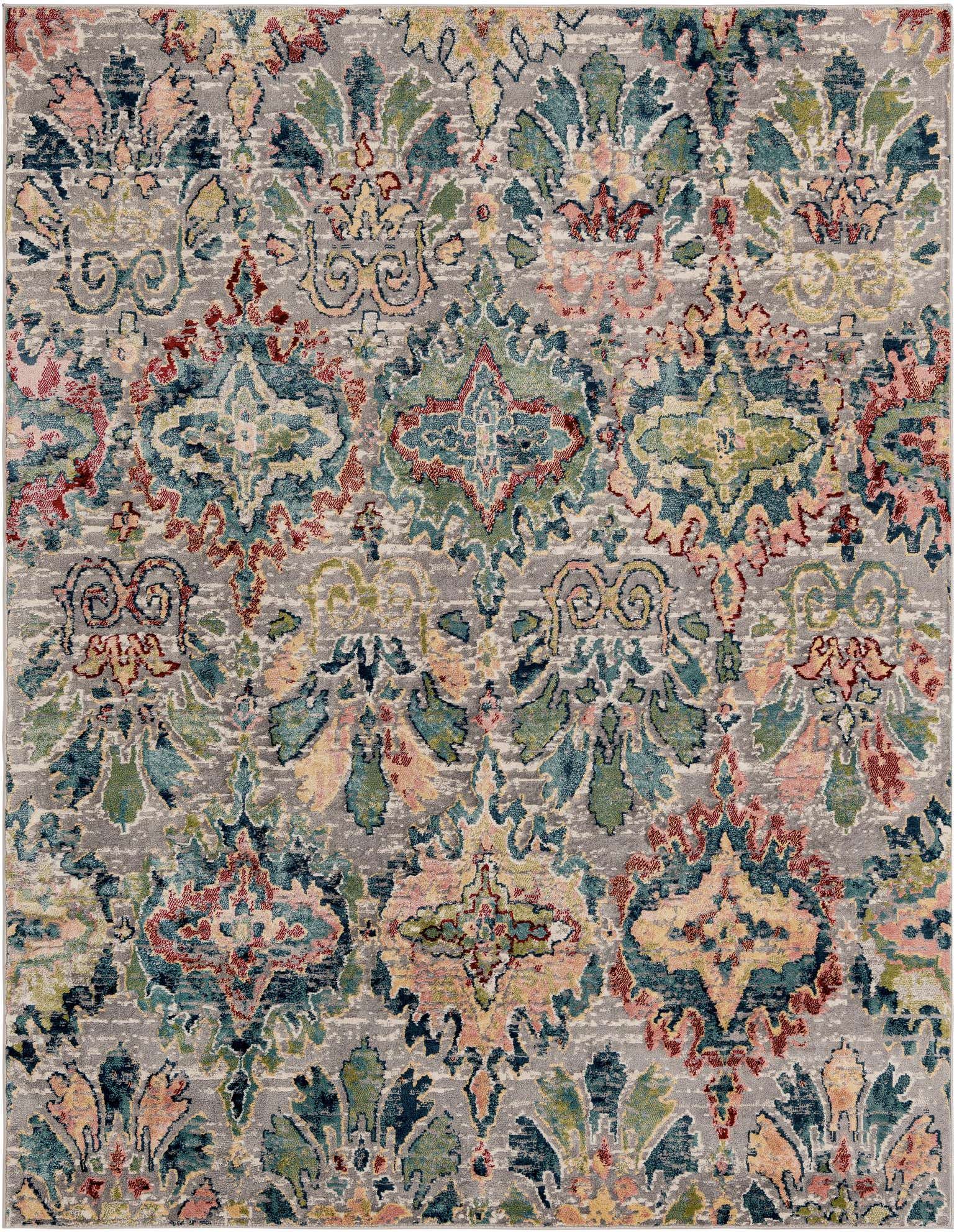 A rectangular 8x10 multi-colored area rug featuring a distressed floral and medallion pattern in shades of teal, pink, red, and green on a gray background.