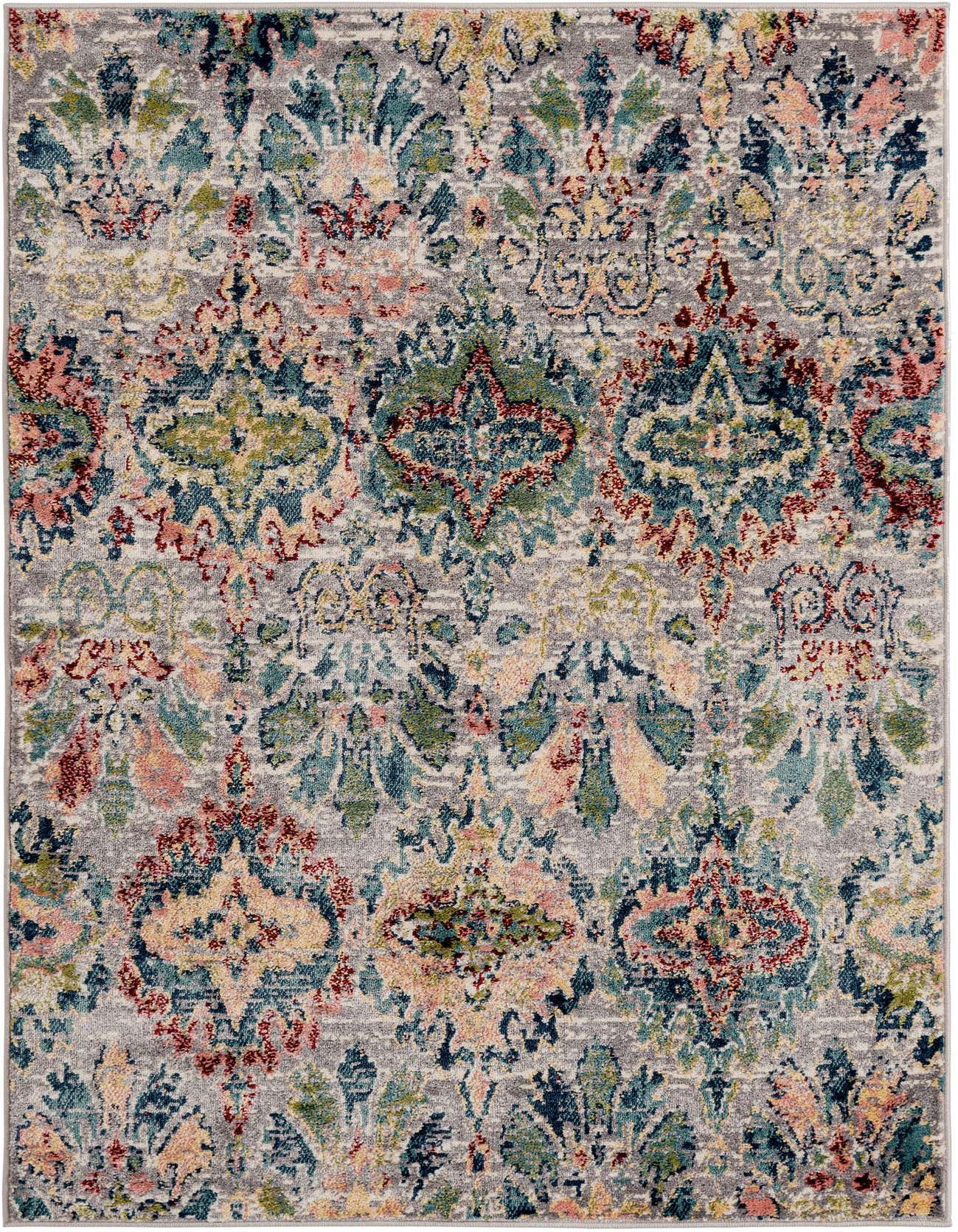 A 4x6 rectangular Charleston Collection rug featuring a multi-colored transitional floral pattern with blue, green, pink, and yellow hues on a distressed gray background.