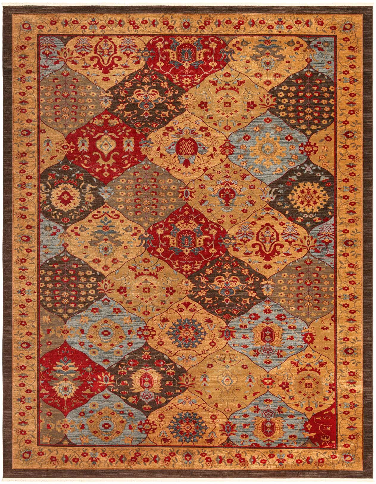 Multi-colored rectangular palace rug with a Bohemian and Traditional pattern, featuring red, blue, brown, and gold botanical motifs.