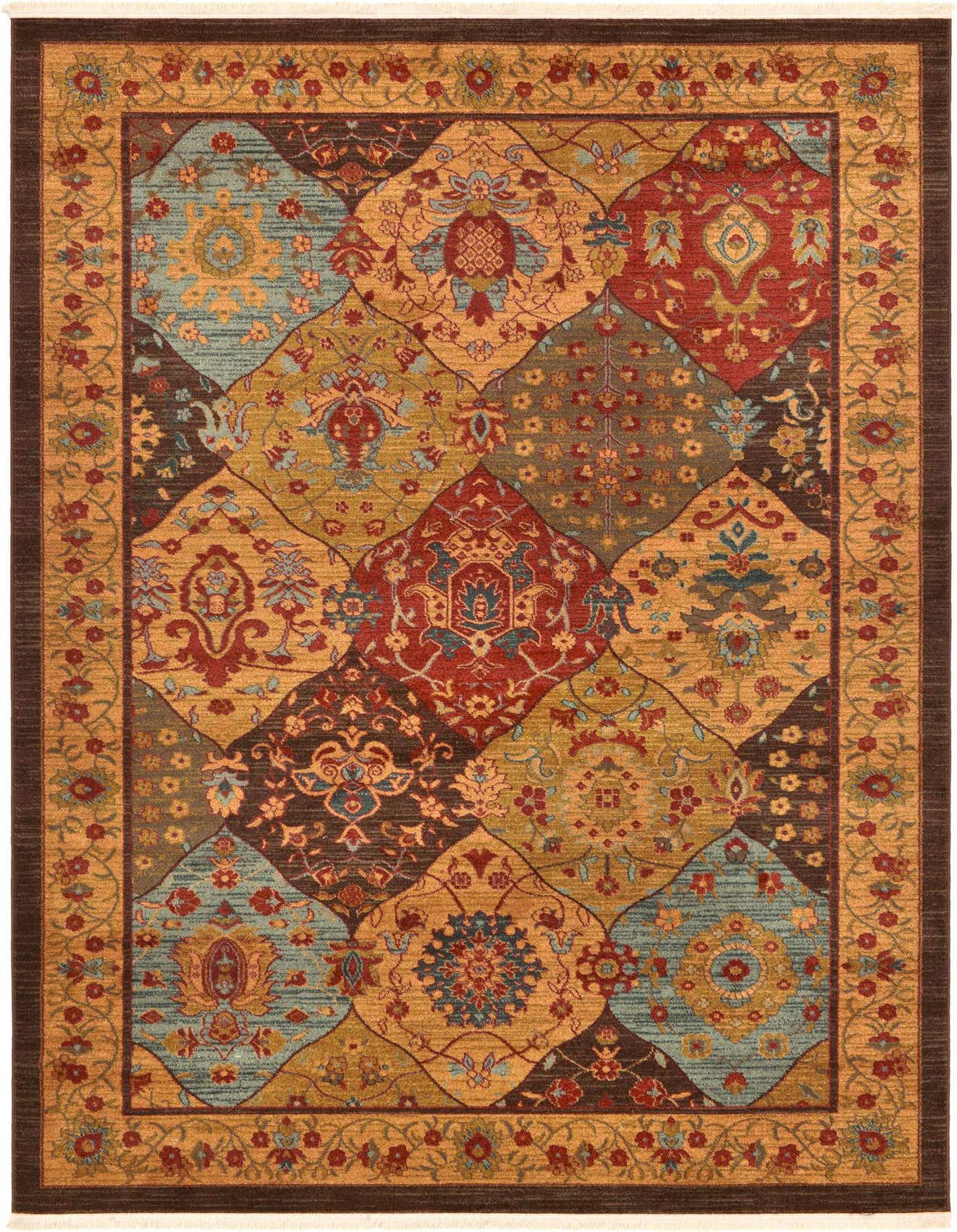 A 6x9 multi-colored rectangular rug with a Bohemian and Traditional patchwork design, featuring teal, red, gold, and brown medallions and floral patterns, bordered by a rich brown edge.