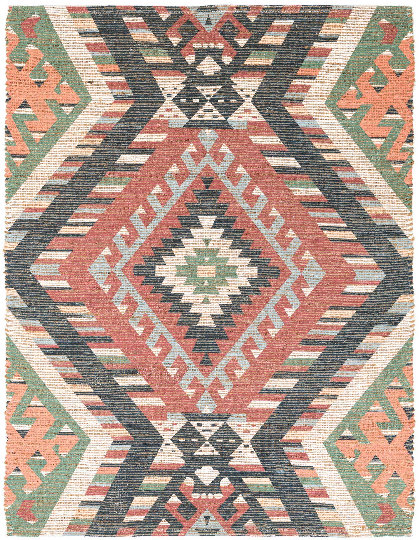 A 4x6 rectangular Chenille Jute rug featuring a vibrant multi-colored modern geometric pattern with shades of red, blue, green, and white.