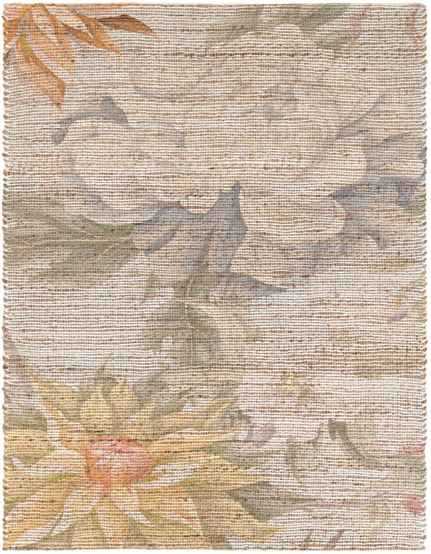 A 4x6 rectangular Chenille & Jute rug with a modern floral pattern in multi-colored hues on a natural woven background.