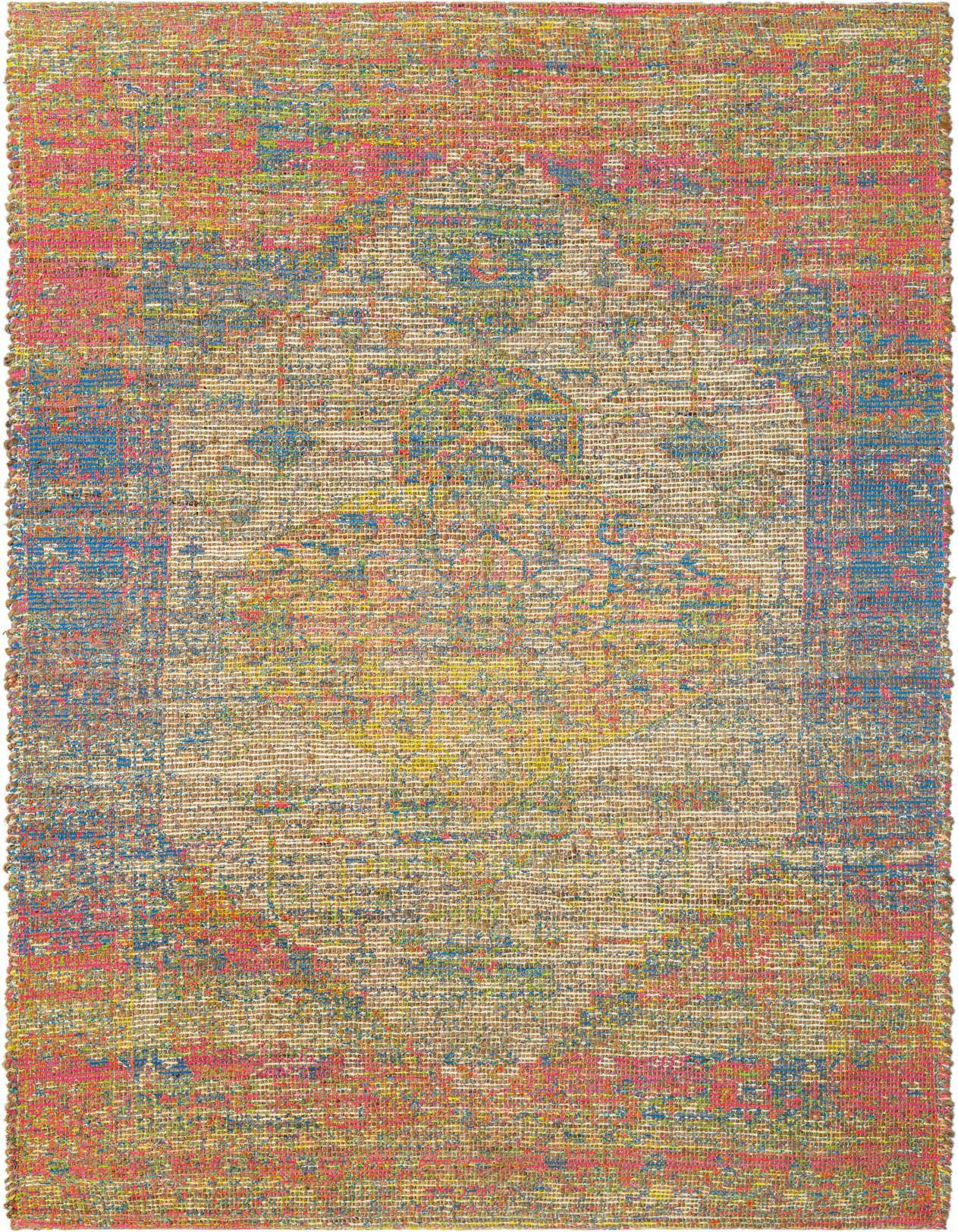 A 5x8 rectangular multi-colored Chenille Jute rug with a distressed traditional medallion pattern, ideal for a living room.