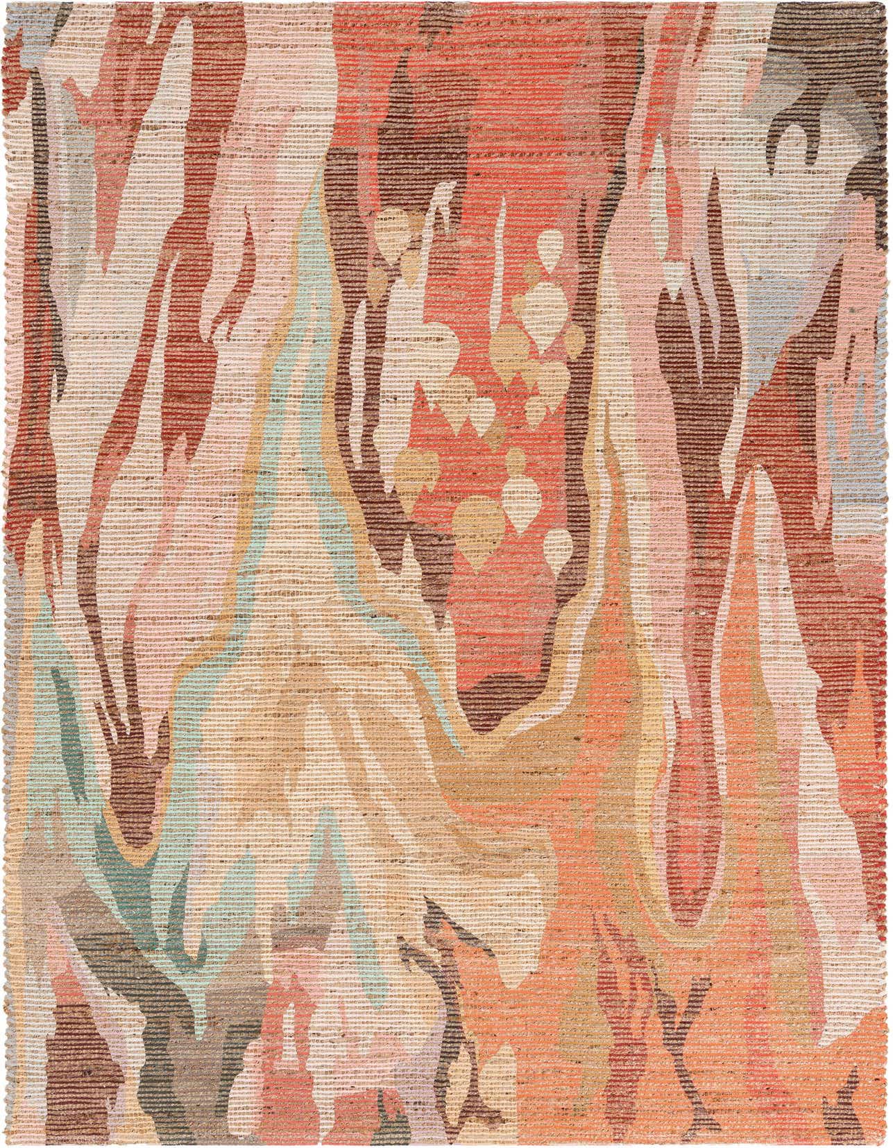 A 5x8 rectangular Chenille Jute rug with a modern abstract pattern in multi-colored hues including coral, peach, beige, and light blue.