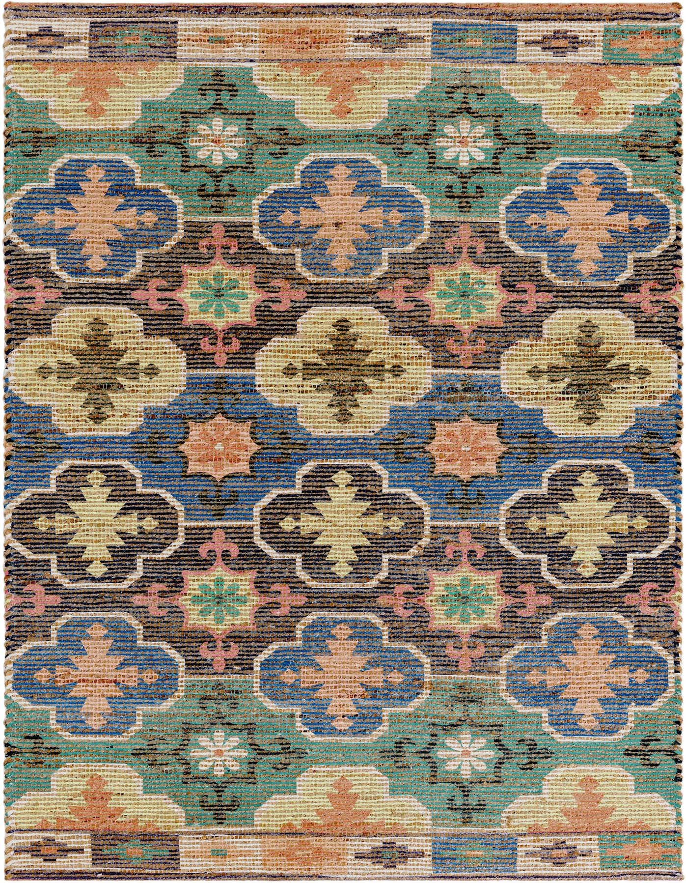 A rectangular 4x6 multi-colored Chenille Jute rug with a modern geometric pattern featuring blue, pink, yellow, and teal quatrefoil shapes.