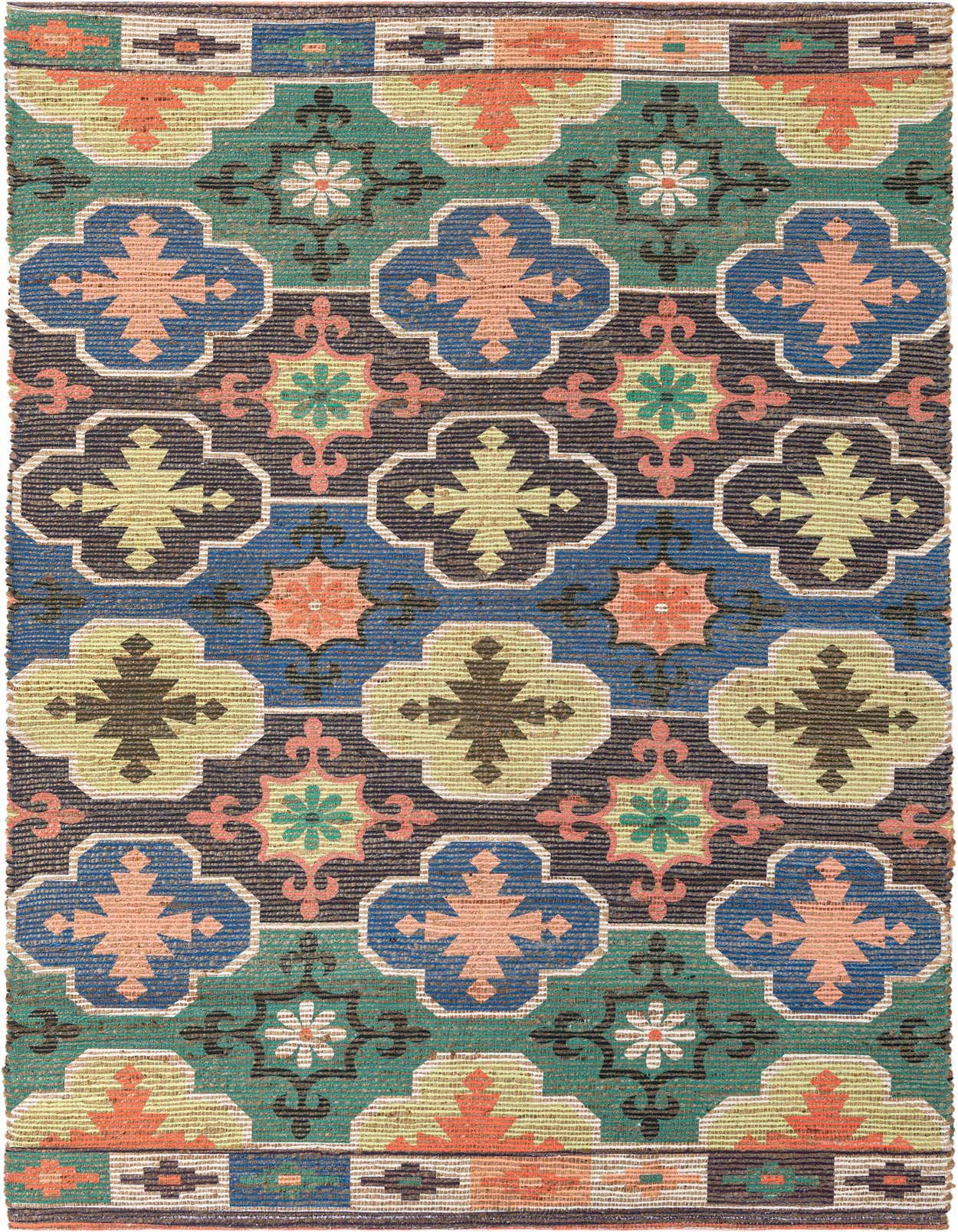 A 5x8 rectangular Chenille Jute rug featuring a multi-colored modern geometric pattern with blue, green, and orange hues.