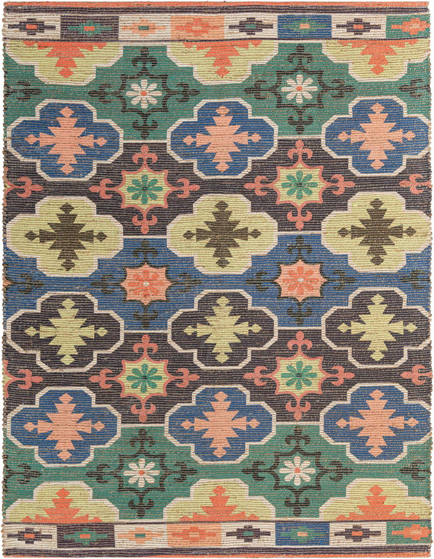 A 6x9 rectangular multi-colored Chenille & Jute rug with a modern geometric pattern, featuring shades of blue, green, orange, and black.