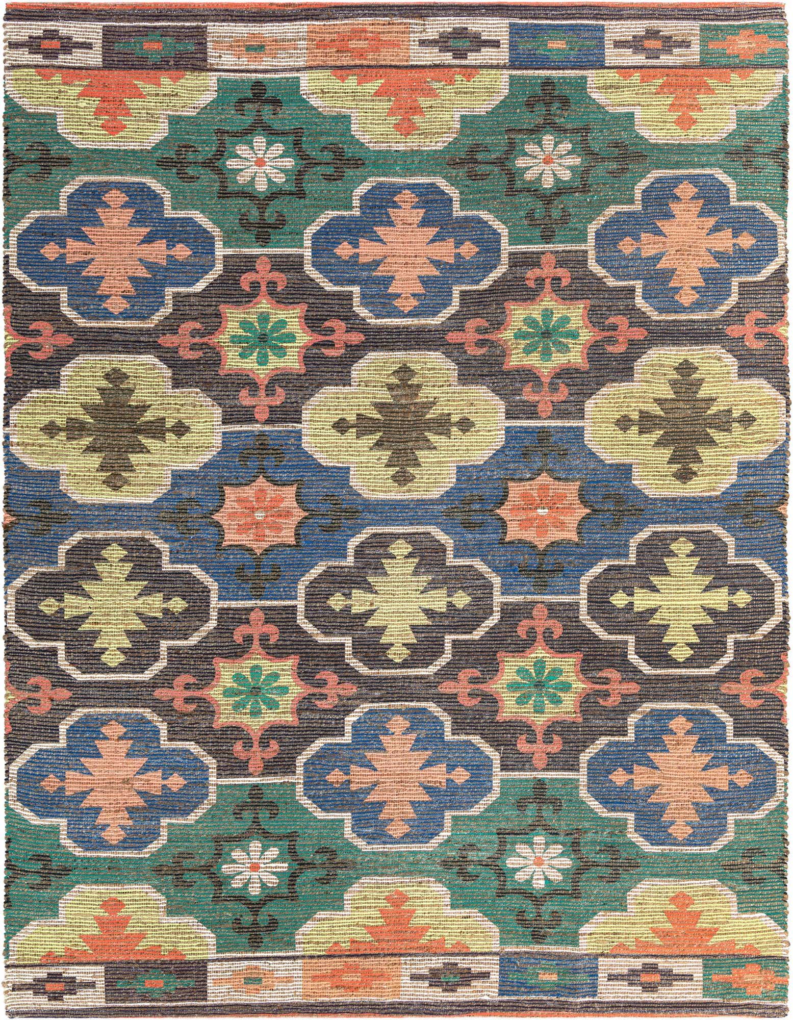 A rectangular 8x10 multi-colored modern rug with an intricate geometric pattern in shades of blue, green, orange, and yellow.