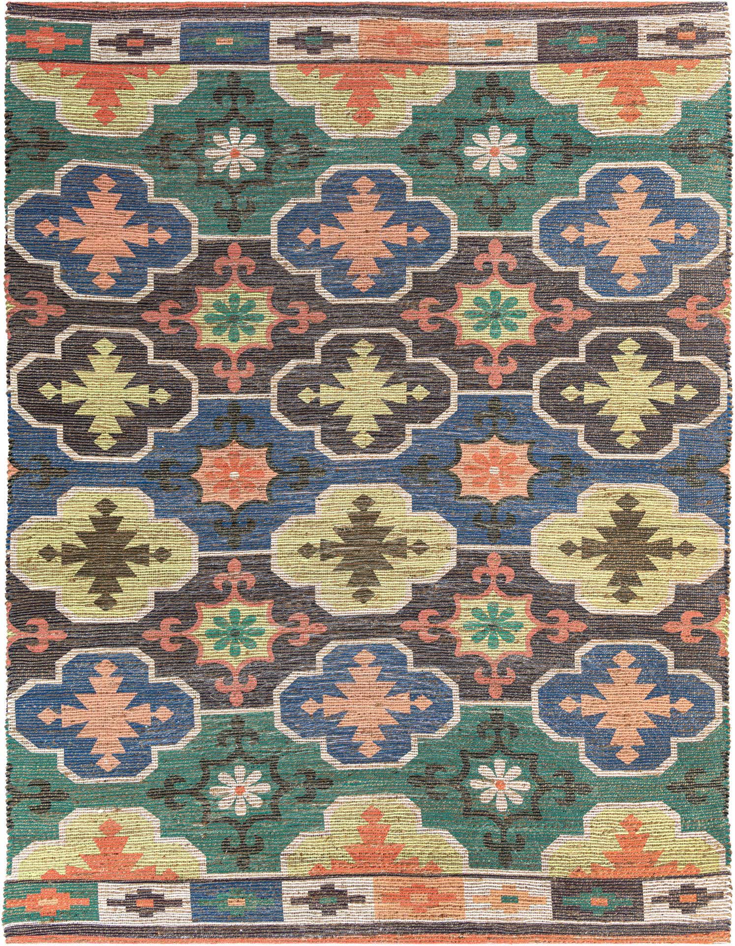 A 9x12 multi-colored rectangular Chenille & Jute rug with a modern geometric pattern featuring blue, green, orange, and yellow shapes.