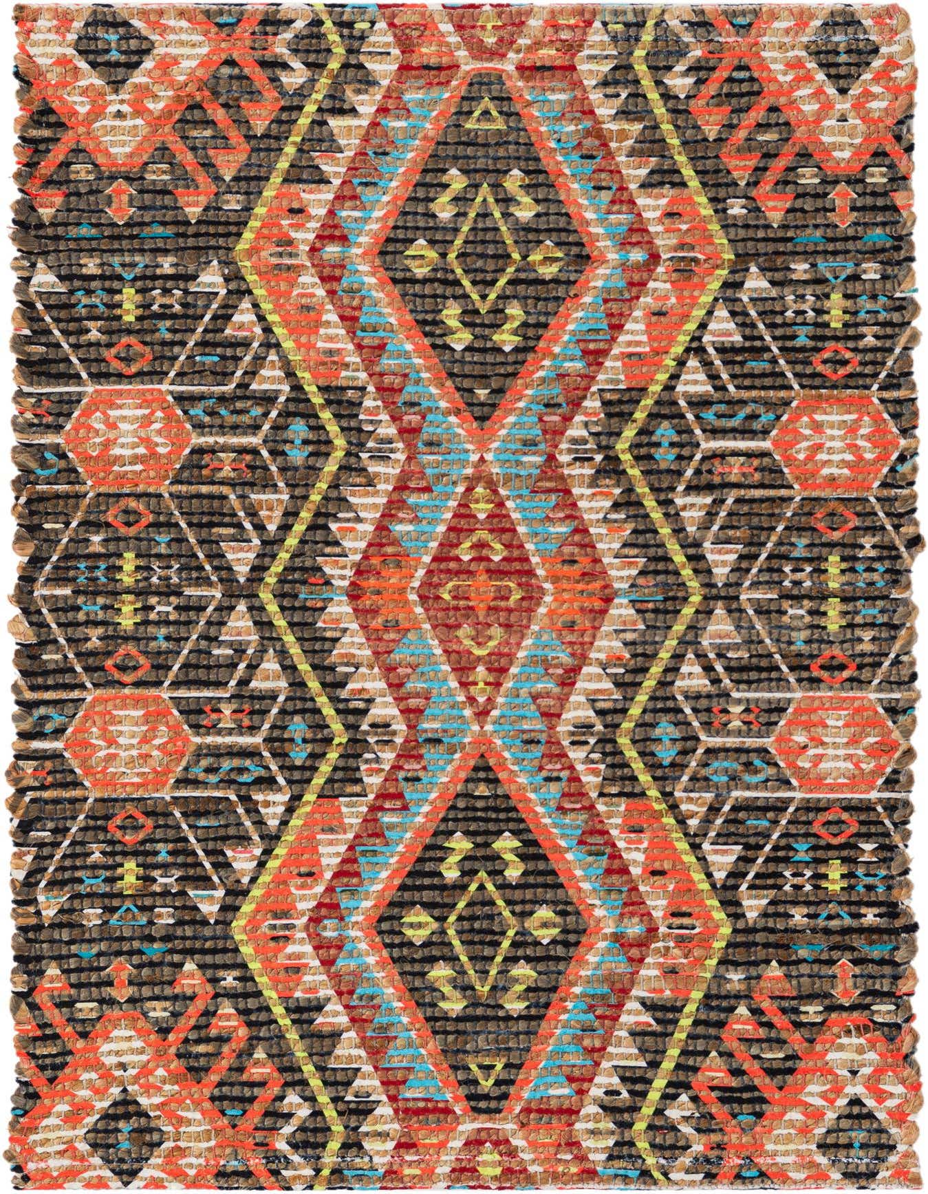 A 2x3 rectangular multi-colored rug with a vibrant geometric pattern, featuring prominent orange, blue, and yellow diamonds on a dark background.