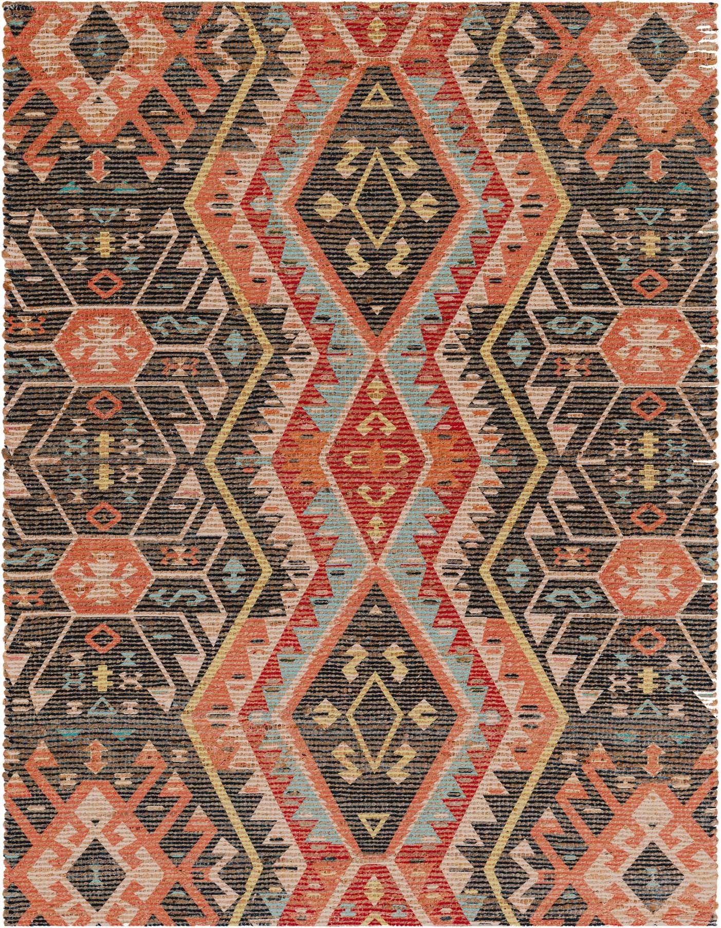A 4x6 multi-colored rectangular rug with a modern geometric pattern, featuring prominent orange, black, and teal diamonds and hexagons.