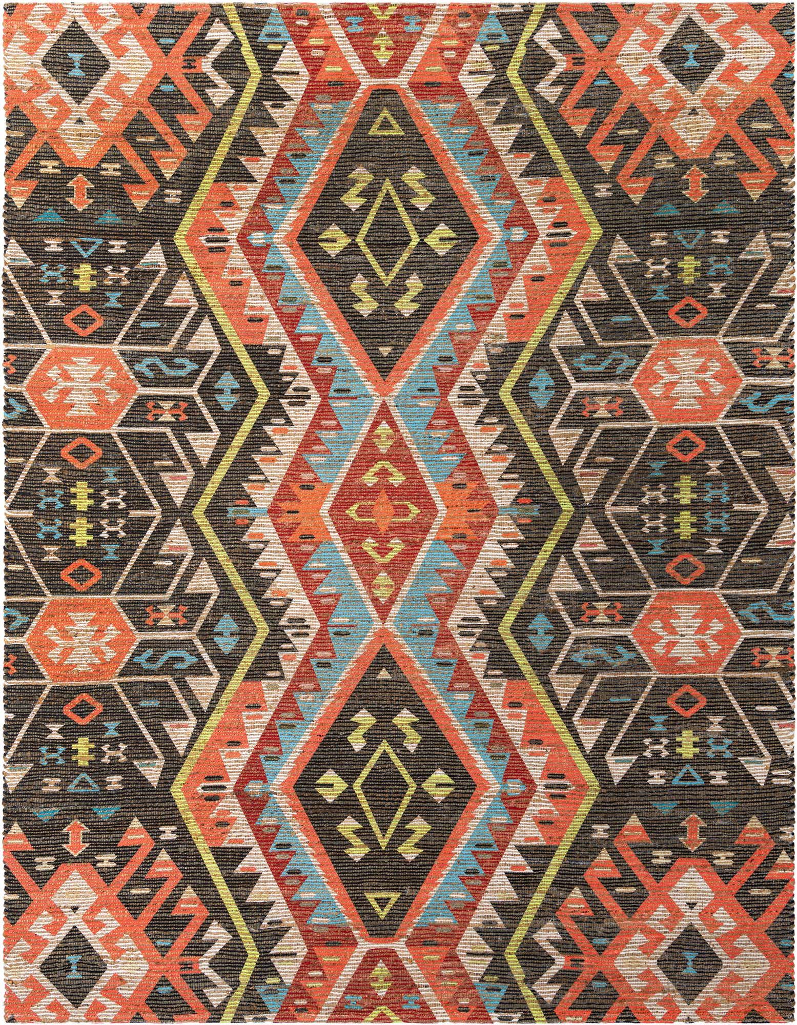 A vibrant 8x10 multi-colored rectangular rug featuring a traditional Oriental geometric pattern with large diamonds and hexagons in orange, blue, red, and yellow on a dark background.