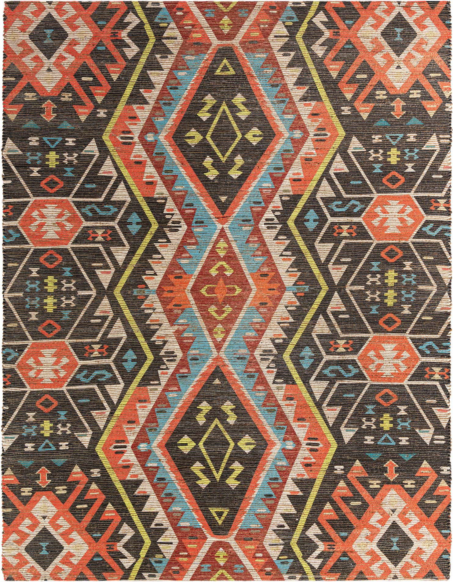 A 9x12 multi-colored modern rectangular area rug with a bold geometric pattern featuring diamonds and hexagons in orange, blue, yellow, and black.