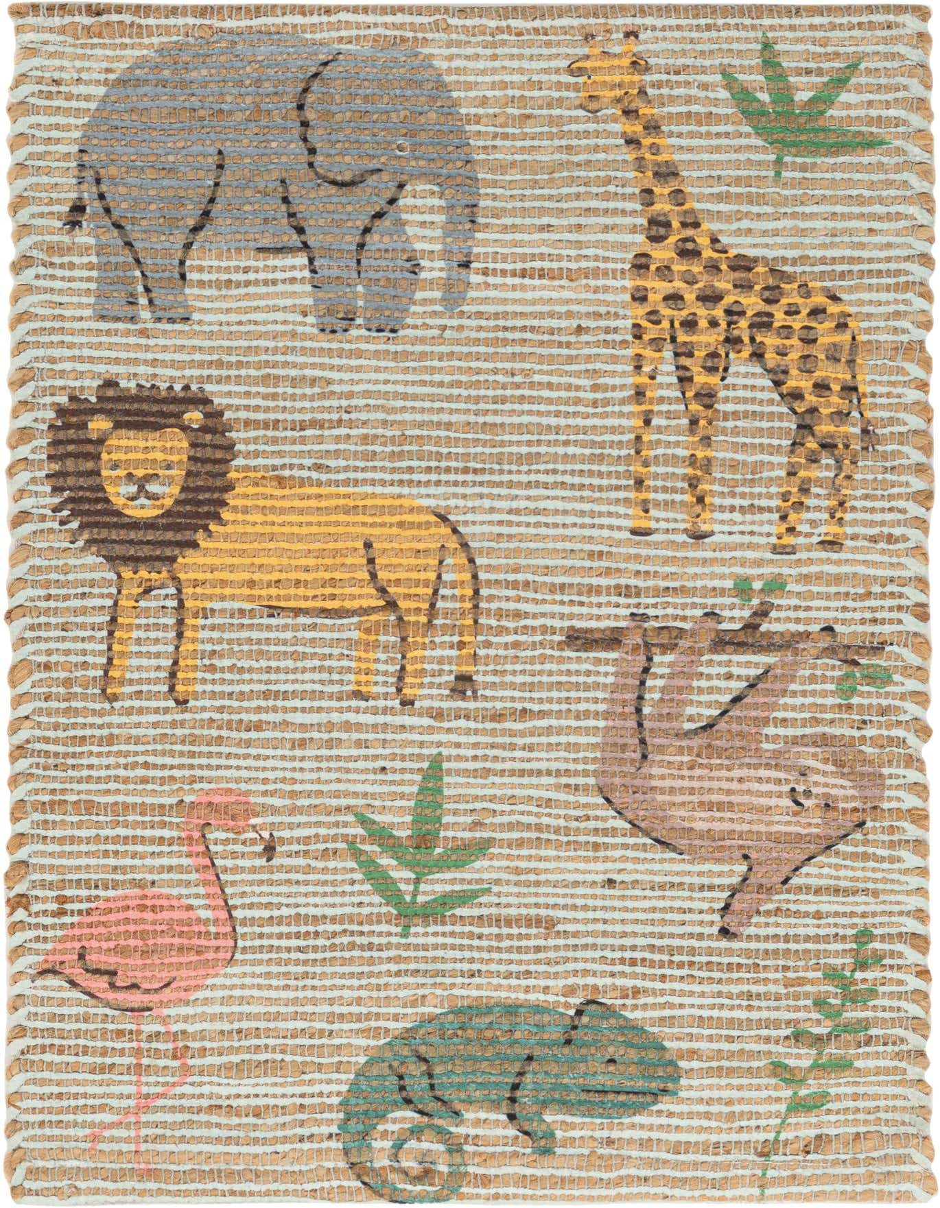 A 2x3 rectangular Chenille & Jute rug with a multi-colored modern animal pattern, featuring an elephant, giraffe, lion, sloth, flamingo, and chameleon.