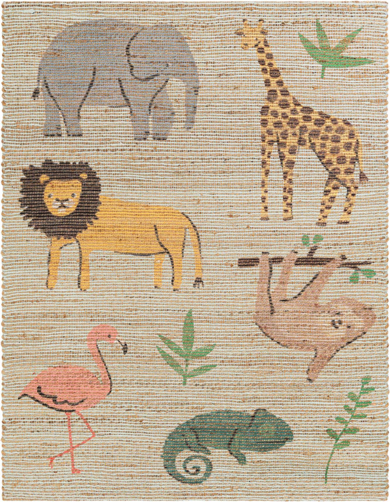 A 4x6 rectangular Chenille & Jute rug with a multi-colored modern animal pattern, featuring an elephant, giraffe, lion, sloth, flamingo, and chameleon.