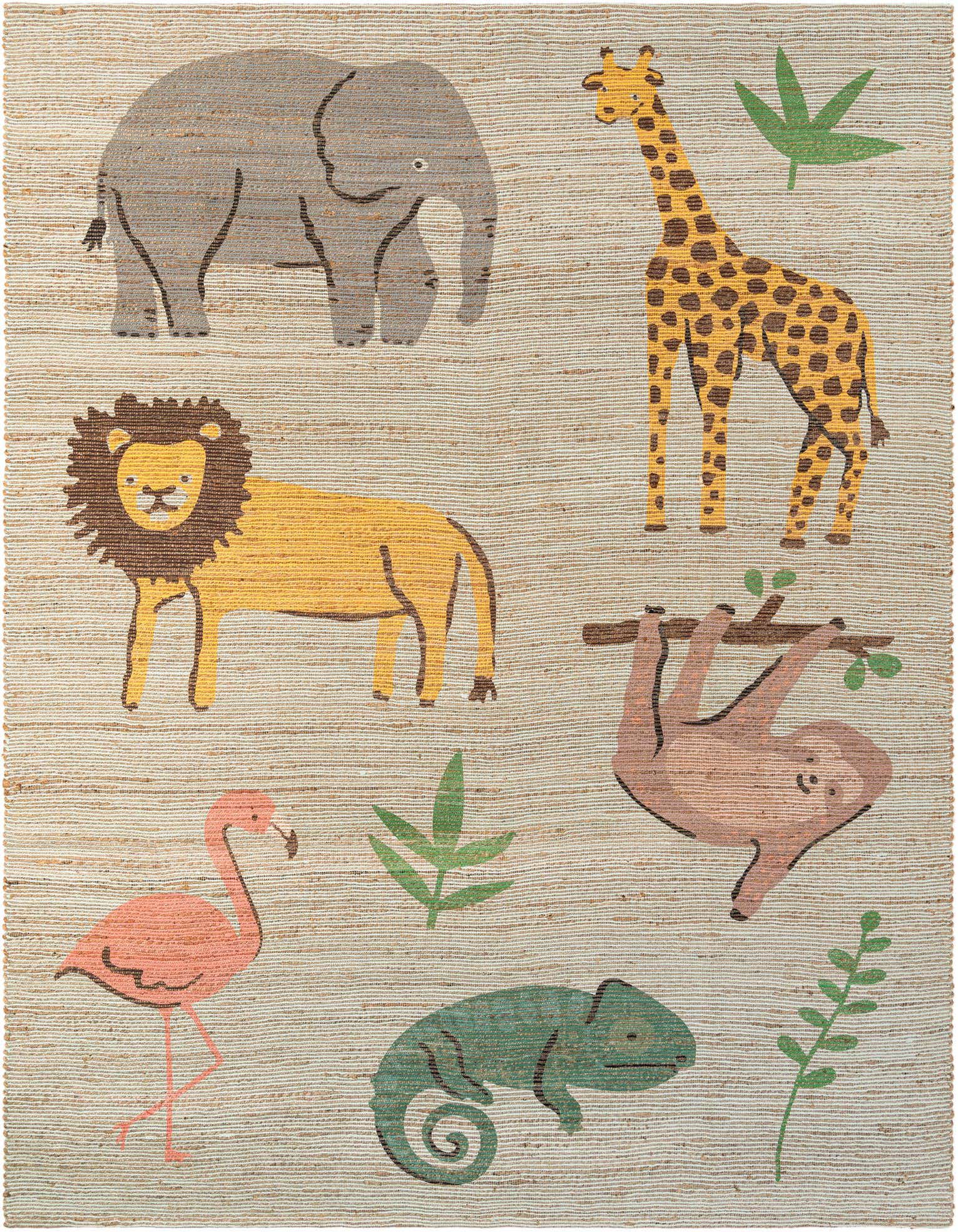 A 9x12 multi-colored rectangular Chenille & Jute rug featuring playful safari animals like an elephant, giraffe, lion, sloth, flamingo, and chameleon on a natural background.