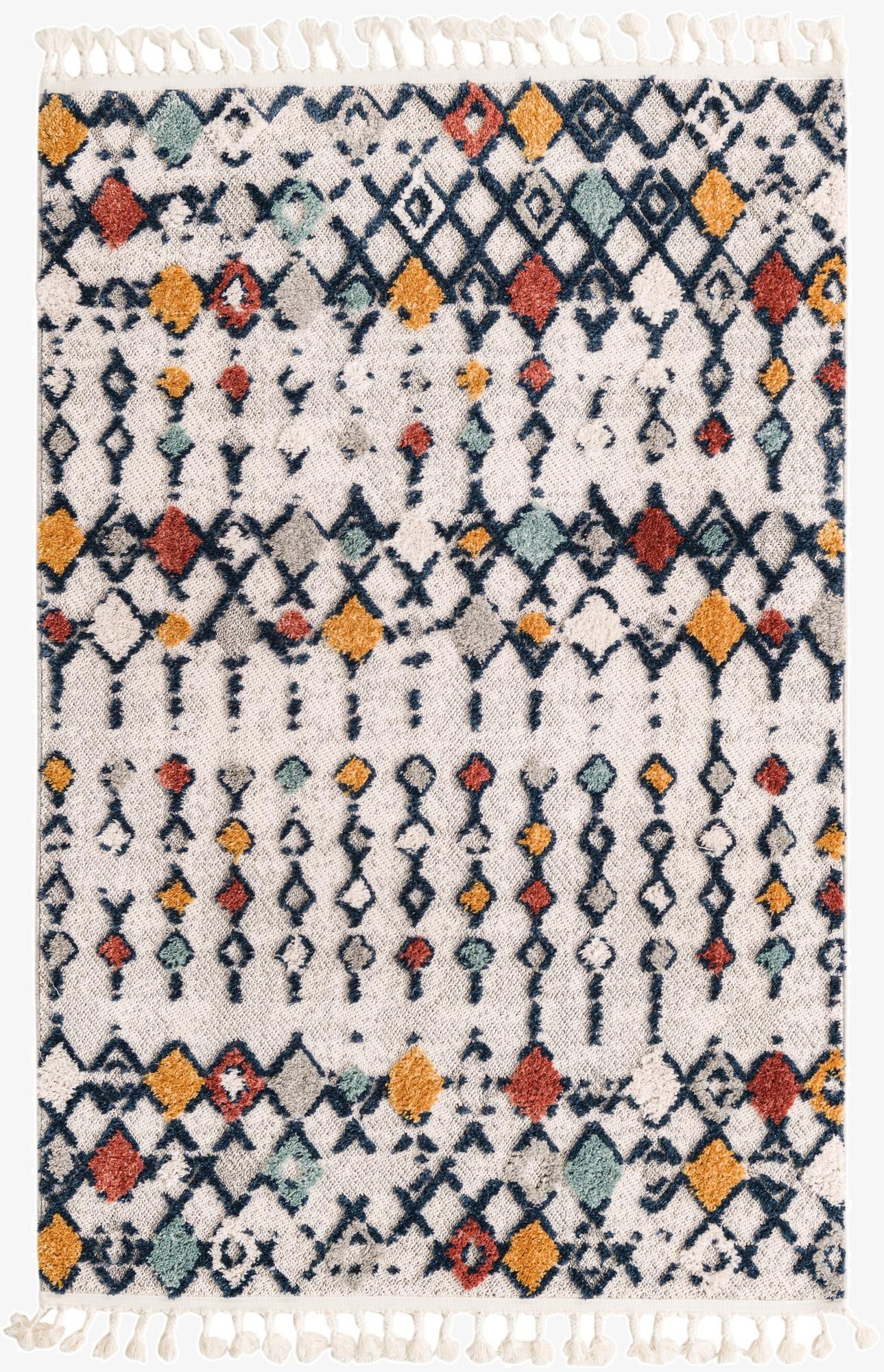 A 4x6 rectangular Rugs.com Cherokee rug with a multi-colored tribal pattern on a cream background, featuring navy, rust, gold, and teal diamond shapes and lines, with white tassels.