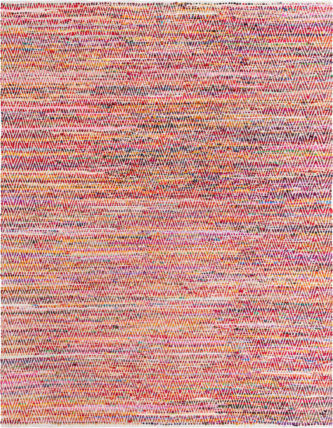 A 10x14 multi-colored rectangular Chindi Chevron rug with a vibrant, textured flatweave pattern, ideal for an indoor living space.