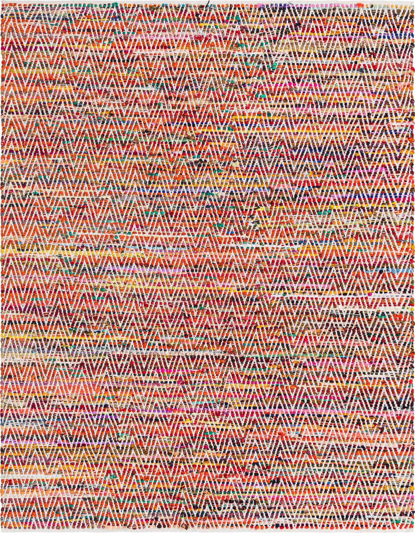 A 7x10 multi-colored rectangular Chindi Chevron rug with a vibrant, textured zigzag pattern, perfect for a living room.