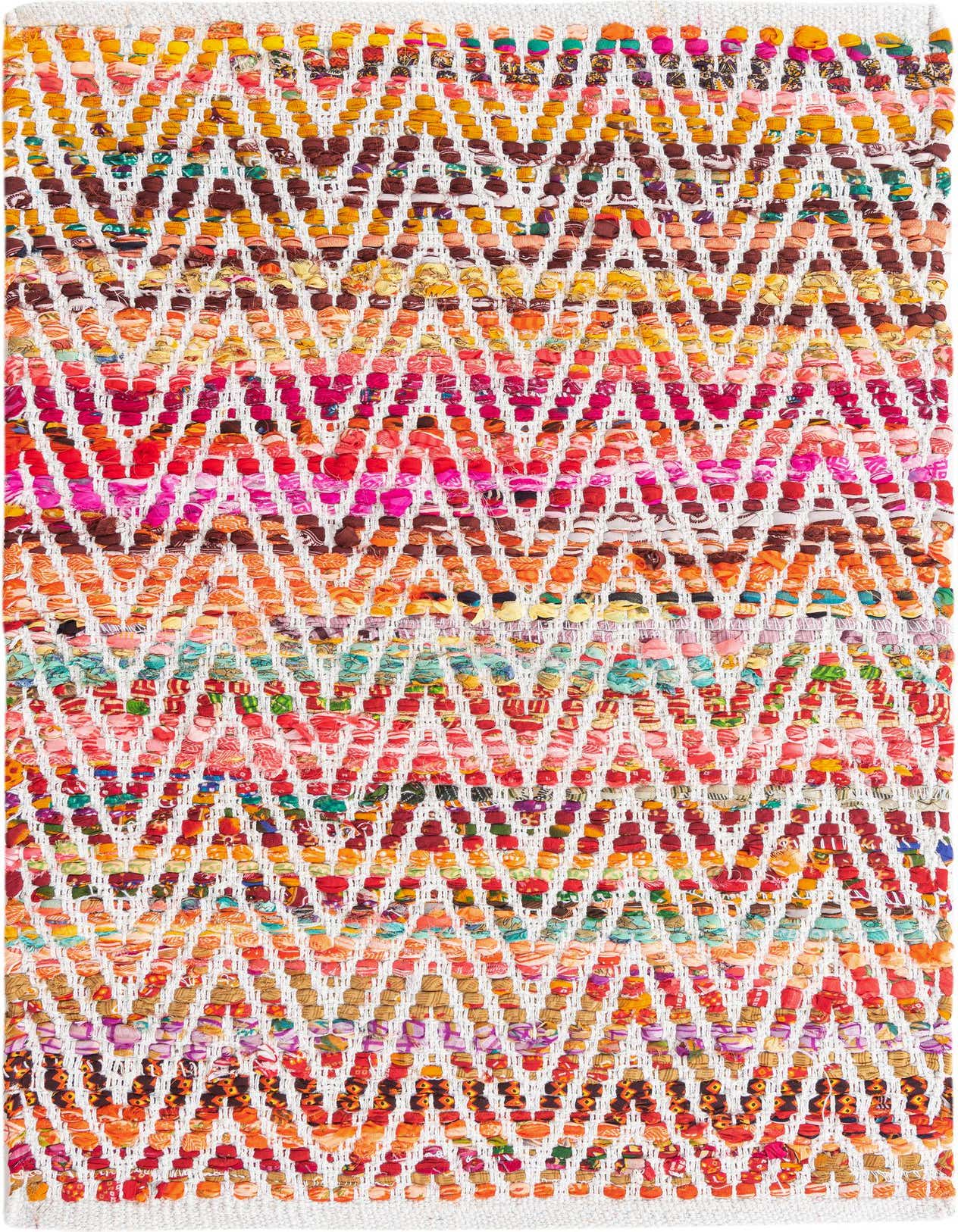 A 2x3 multi-colored rectangular rug featuring a vibrant chevron pattern made from textured, recycled cotton fabric strips.